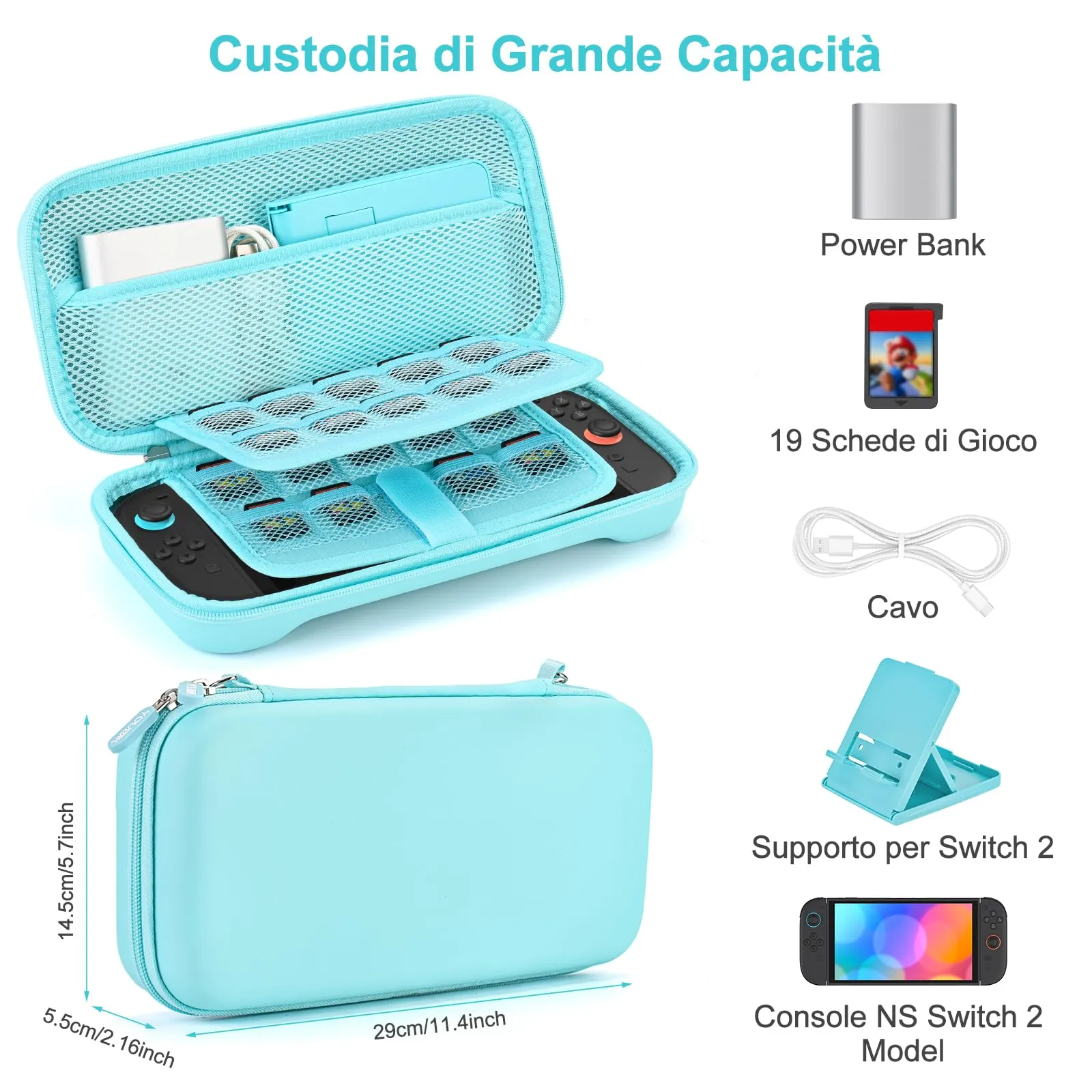 Younik Custodia per Switch 2 (2025) con 19 Slot per Schede di Gioco, Tracolla, Cinturino da Polso e Adesivi (Blu) - immagine 2