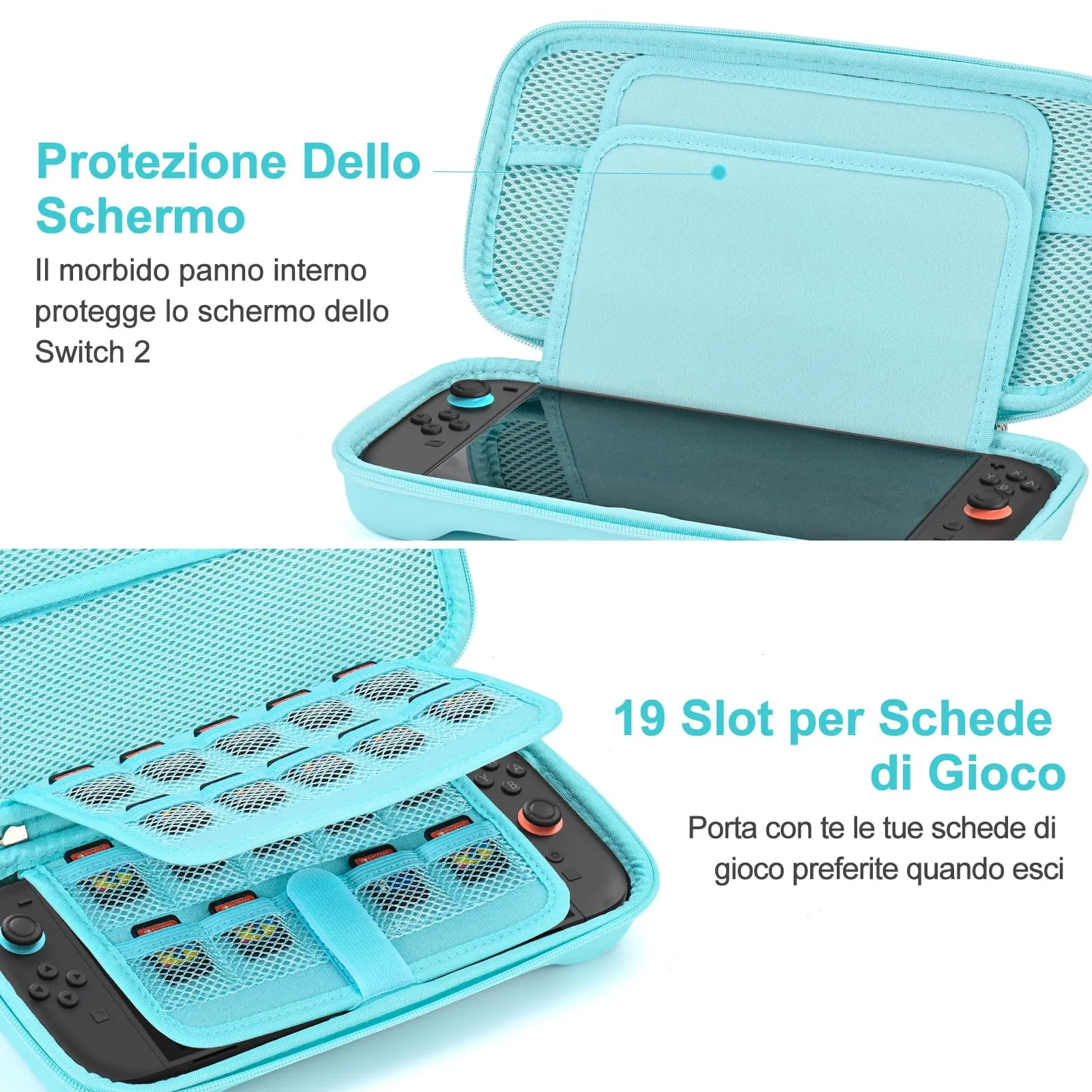 Younik Custodia per Switch 2 (2025) con 19 Slot per Schede di Gioco, Tracolla, Cinturino da Polso e Adesivi (Blu) - immagine 3