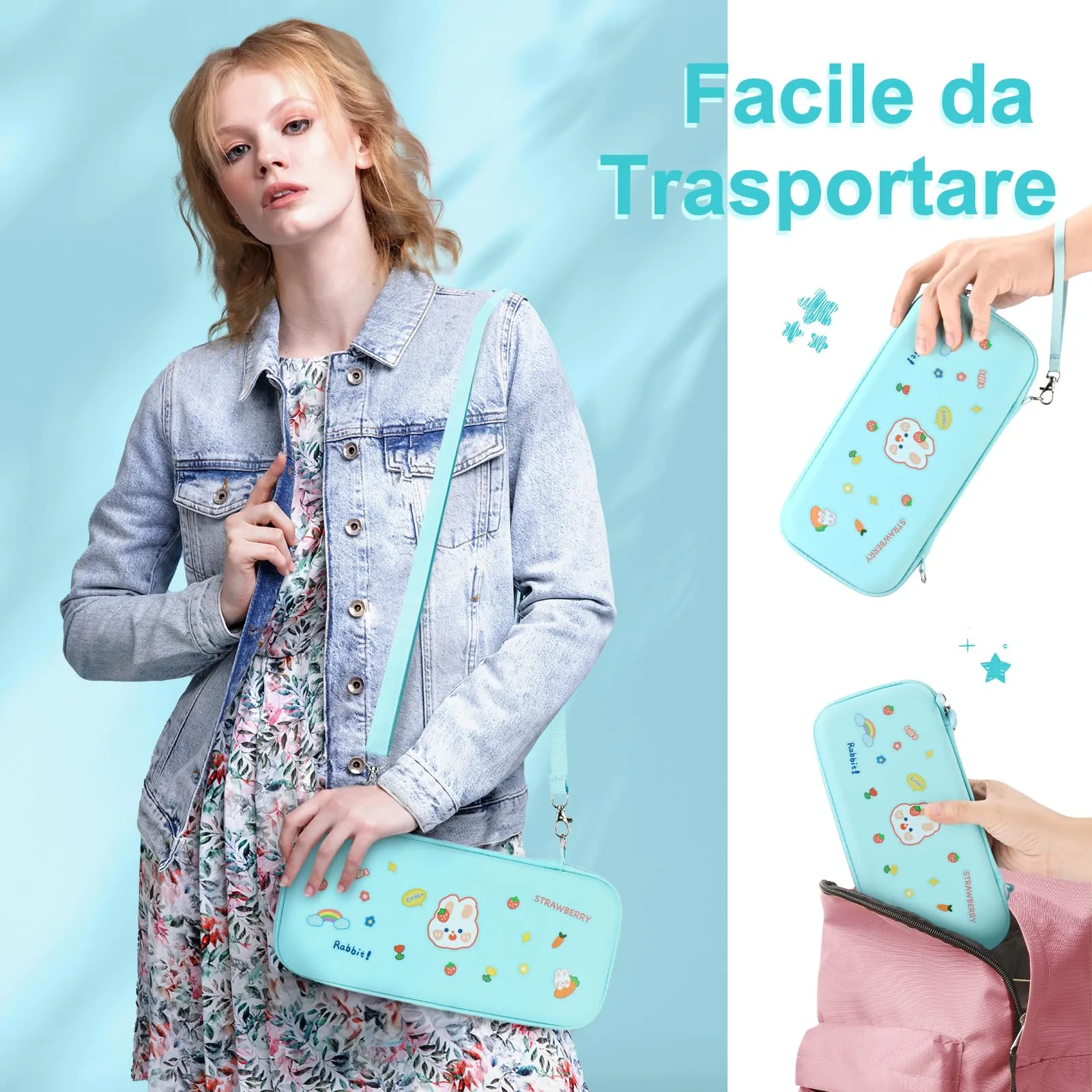 Younik Custodia per Switch 2 (2025) con 19 Slot per Schede di Gioco, Tracolla, Cinturino da Polso e Adesivi (Blu) - immagine 7
