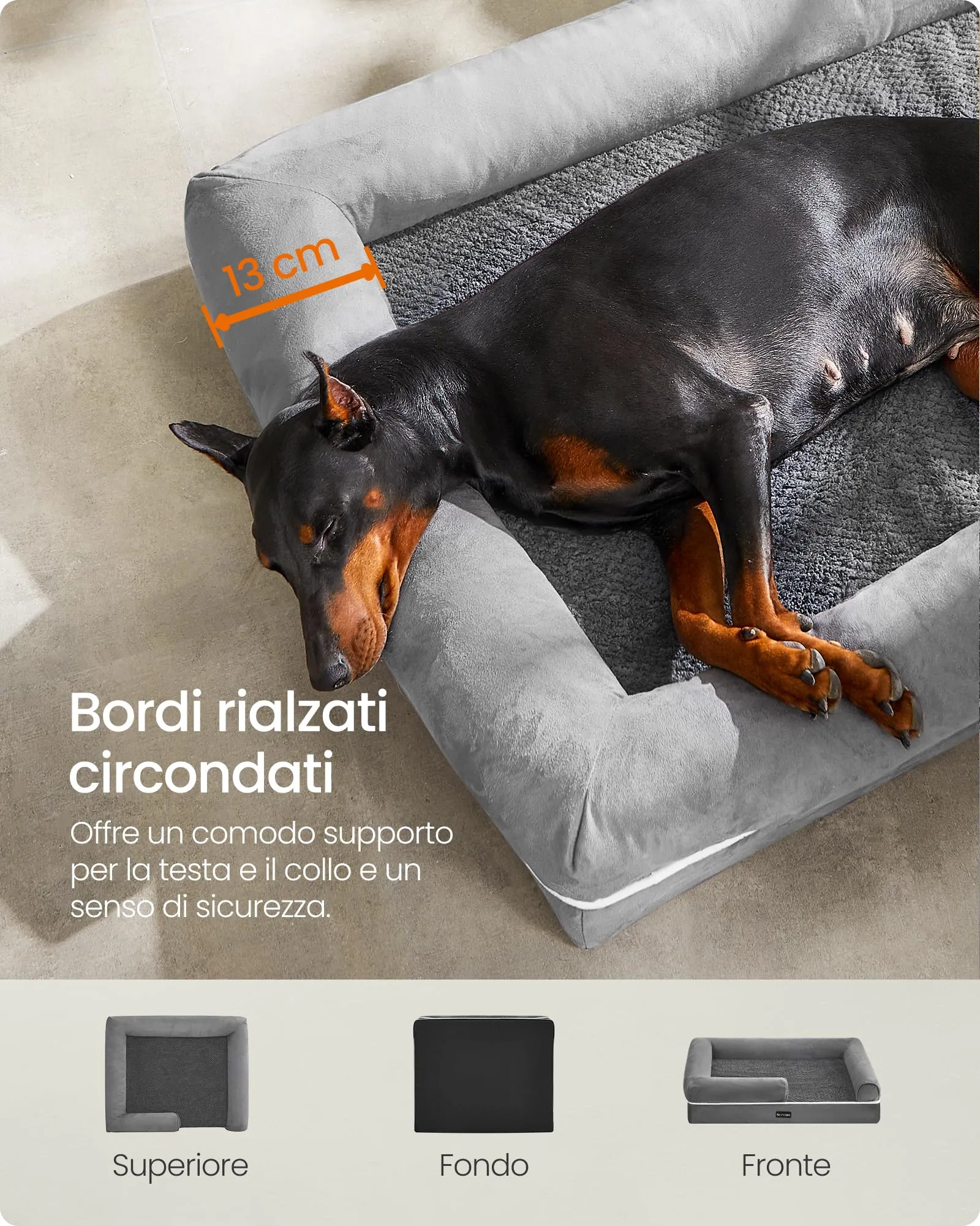 Feandrea Cuccia per Cani Ortopedica, Letto Divano con Bordi Rialzati, Copertura Sfoderabile e Lavabile, 120 x 85 x 18 cm, Grigio Chiaro PGW078G02 - immagine 4