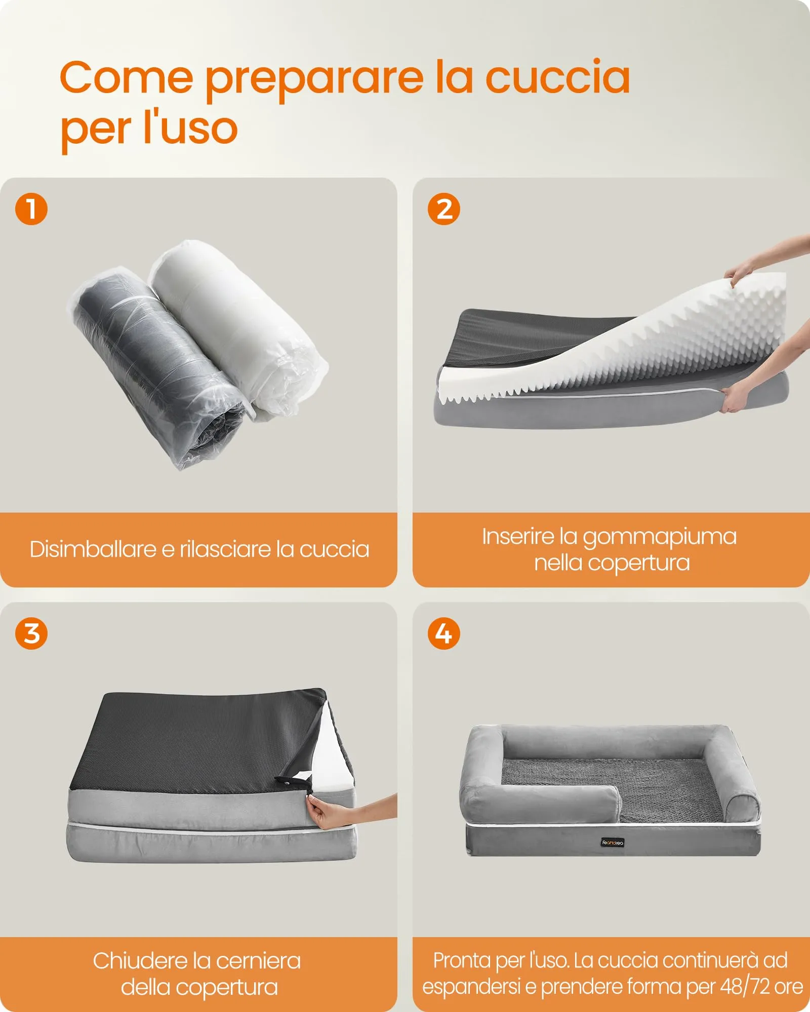 Feandrea Cuccia per Cani Ortopedica, Letto Divano con Bordi Rialzati, Copertura Sfoderabile e Lavabile, 120 x 85 x 18 cm, Grigio Chiaro PGW078G02 - immagine 9