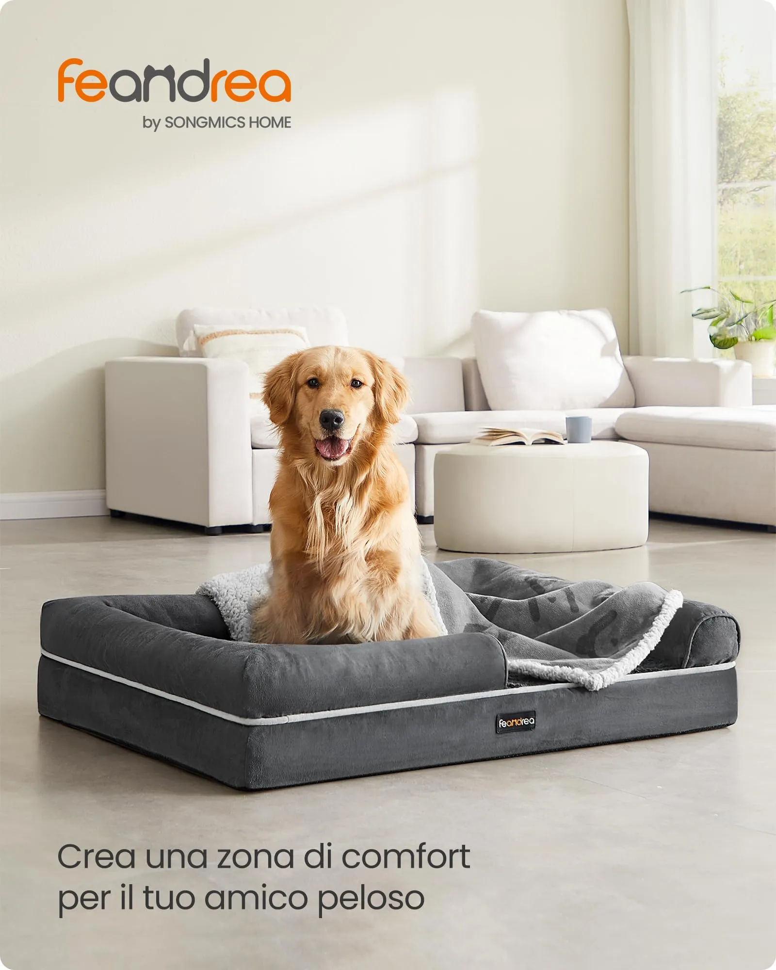 Feandrea Cuccia per Cani Ortopedica, Letto Divano con Bordi Rialzati, 106 x 76 x 18 cm, Grigio Scuro PGW077G01 - immagine 2