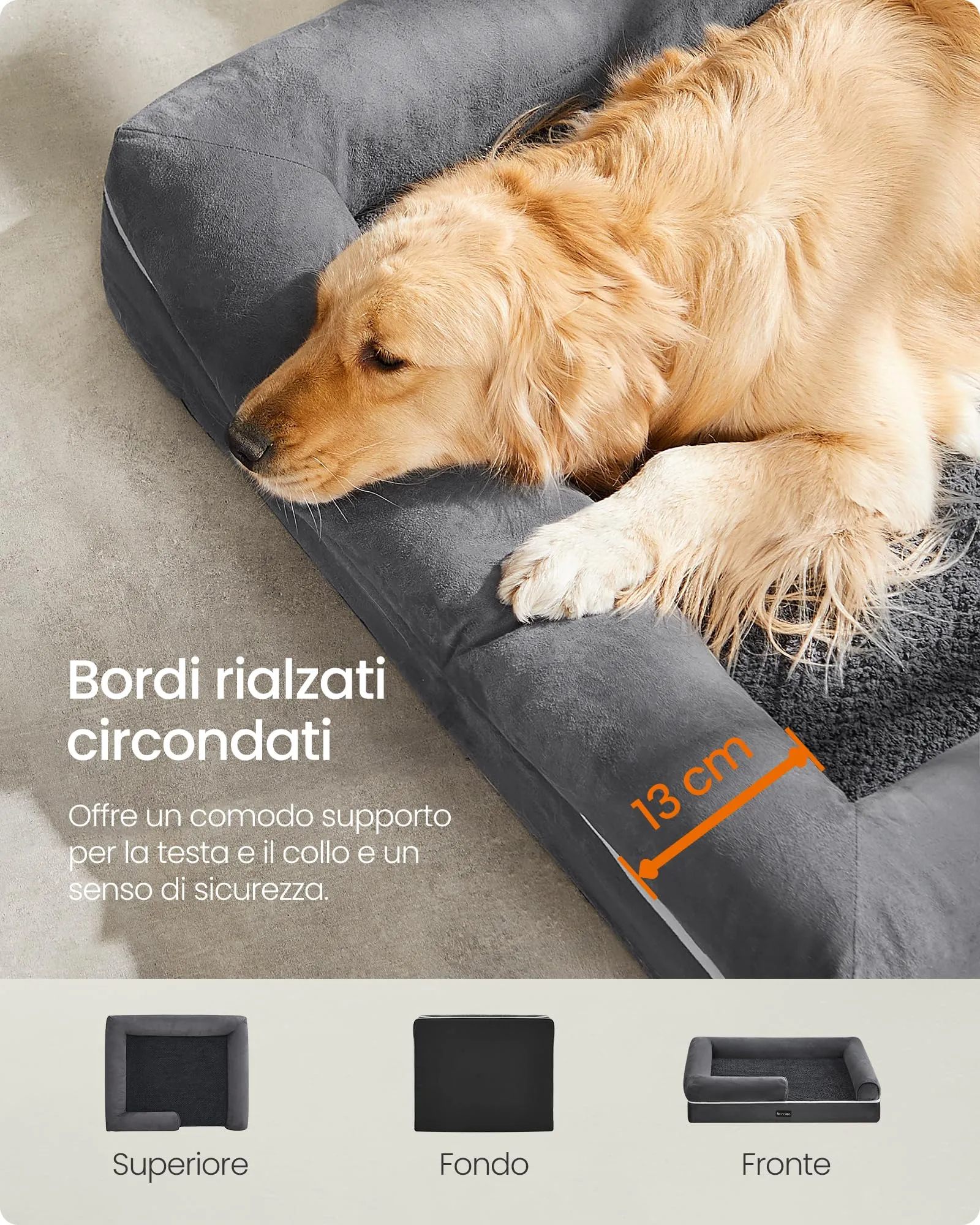 Feandrea Cuccia per Cani Ortopedica, Letto Divano con Bordi Rialzati, 106 x 76 x 18 cm, Grigio Scuro PGW077G01 - immagine 4