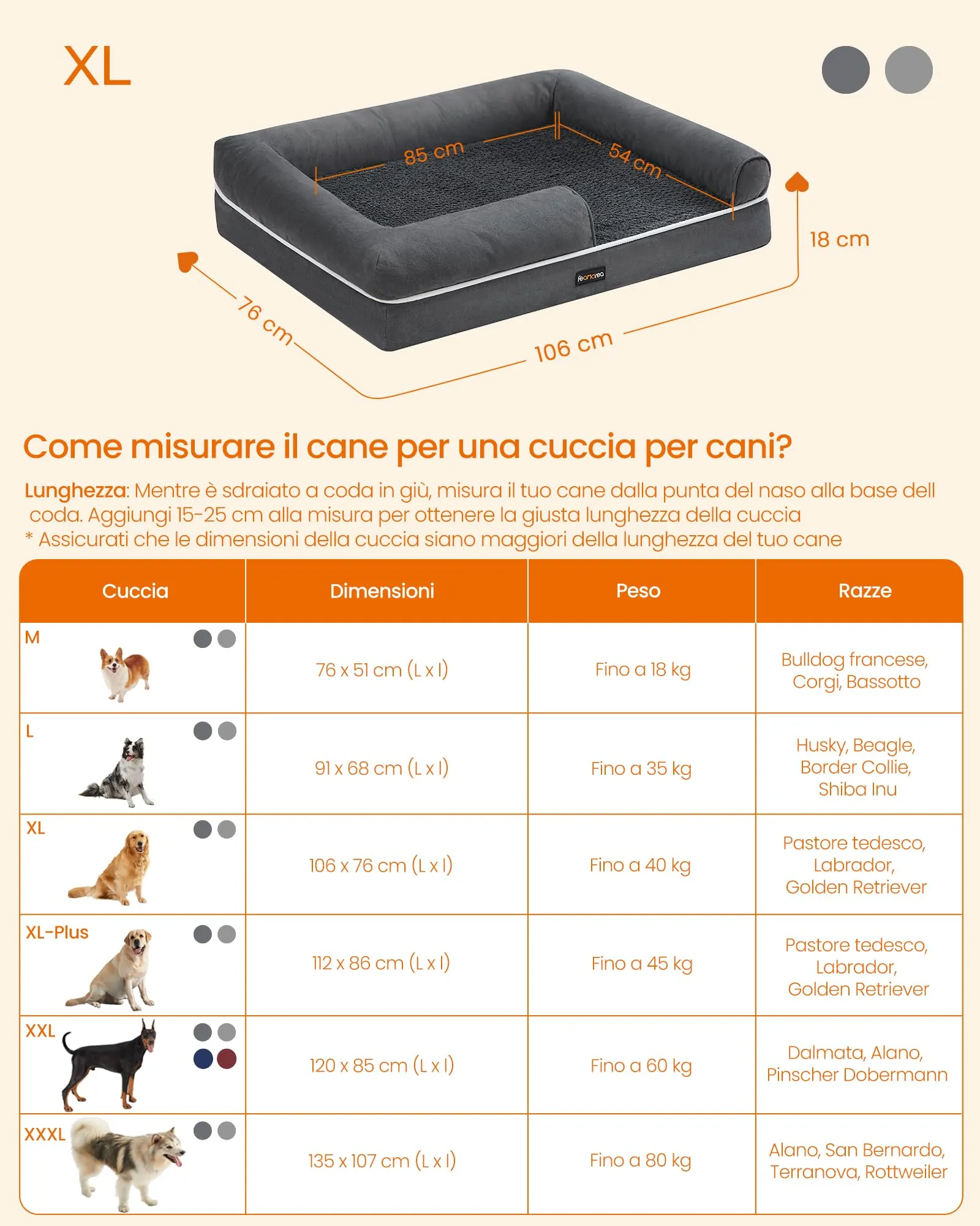 Feandrea Cuccia per Cani Ortopedica, Letto Divano con Bordi Rialzati, 106 x 76 x 18 cm, Grigio Scuro PGW077G01 - immagine 5