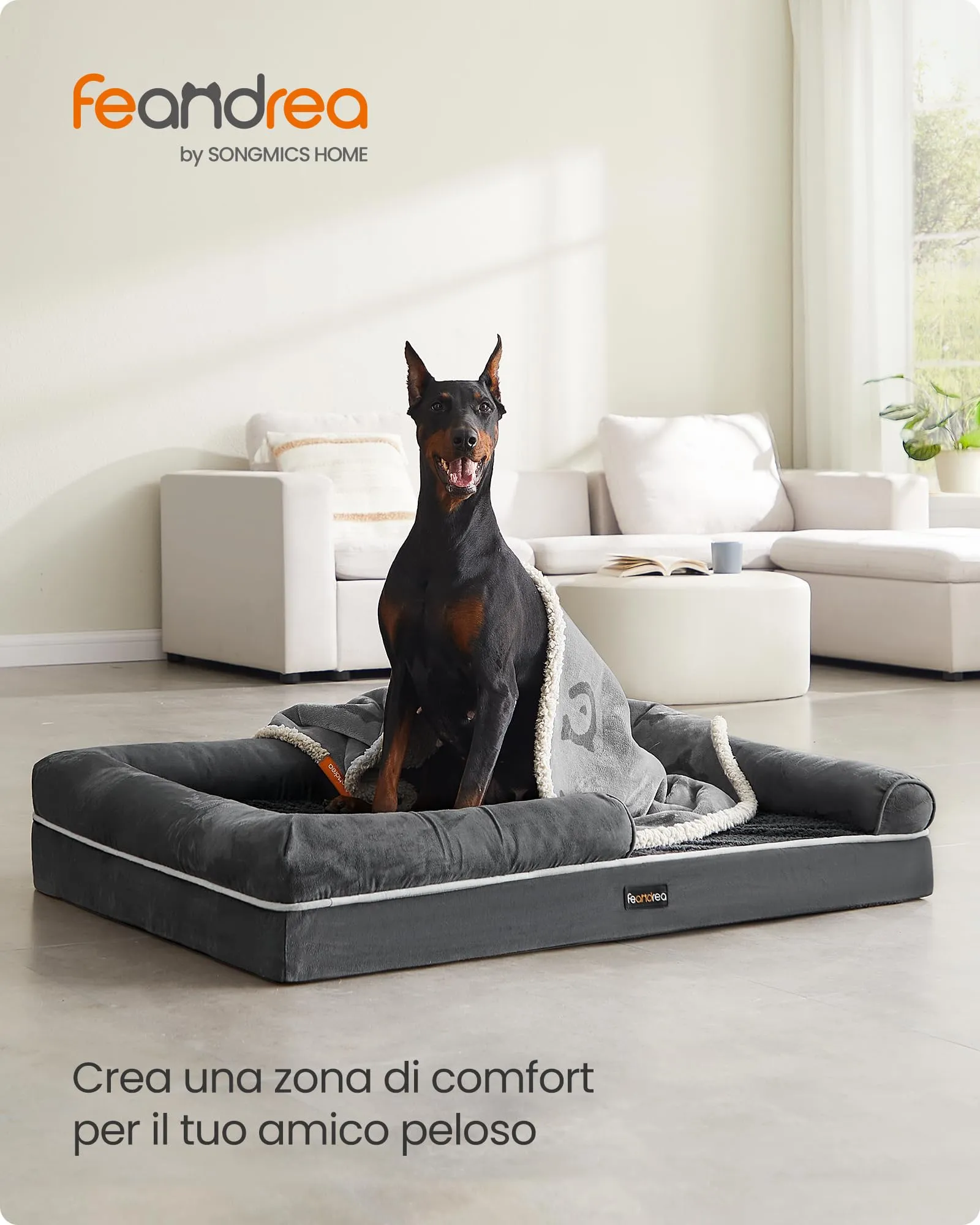 Feandrea Cuccia per Cani Ortopedica, Letto Divano con Bordi Rialzati e Fondo Antiscivolo, 120 x 85 x 18 cm, Grigio Scuro PGW078G01 - immagine 2