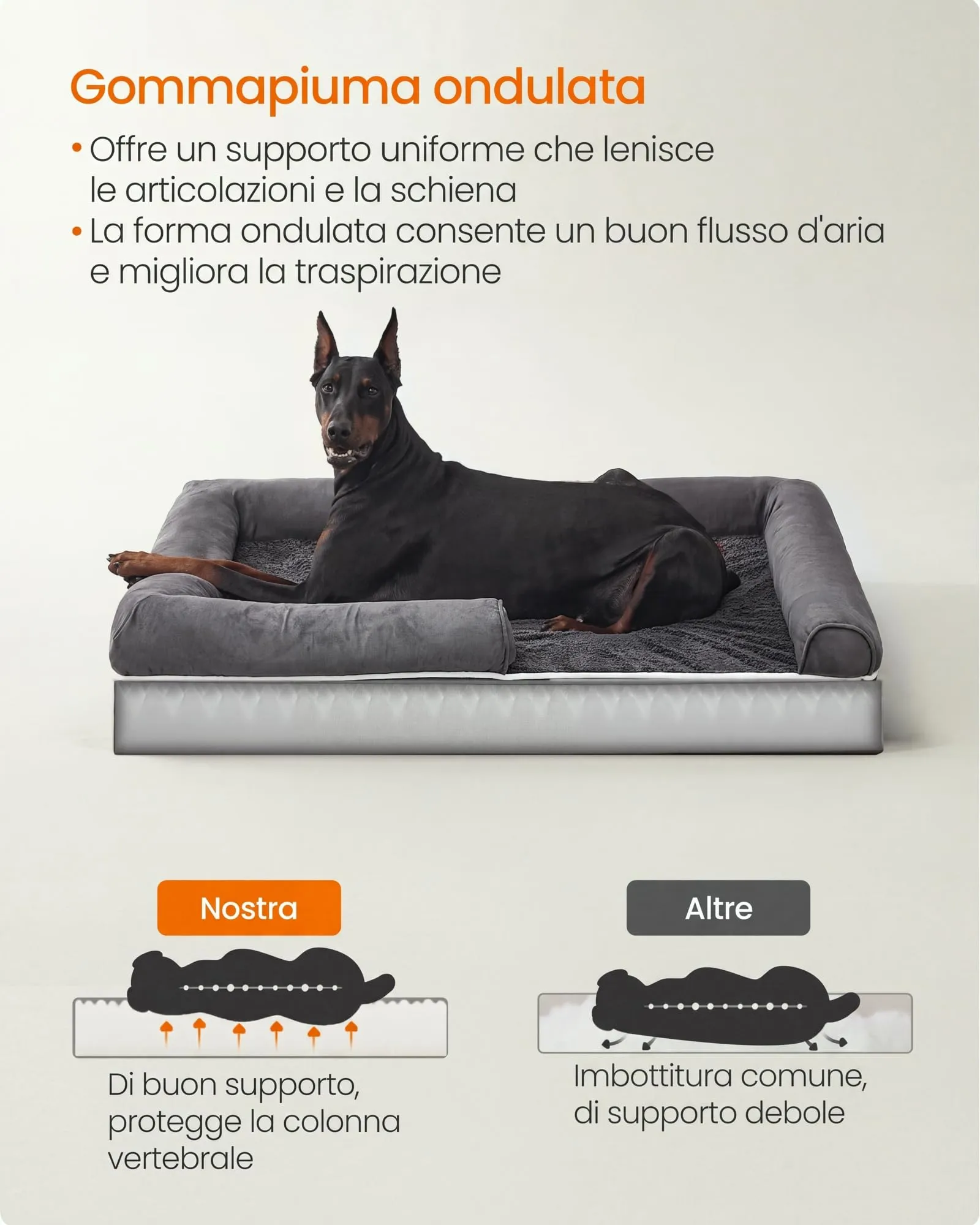 Feandrea Cuccia per Cani Ortopedica, Letto Divano con Bordi Rialzati e Fondo Antiscivolo, 120 x 85 x 18 cm, Grigio Scuro PGW078G01 - immagine 3