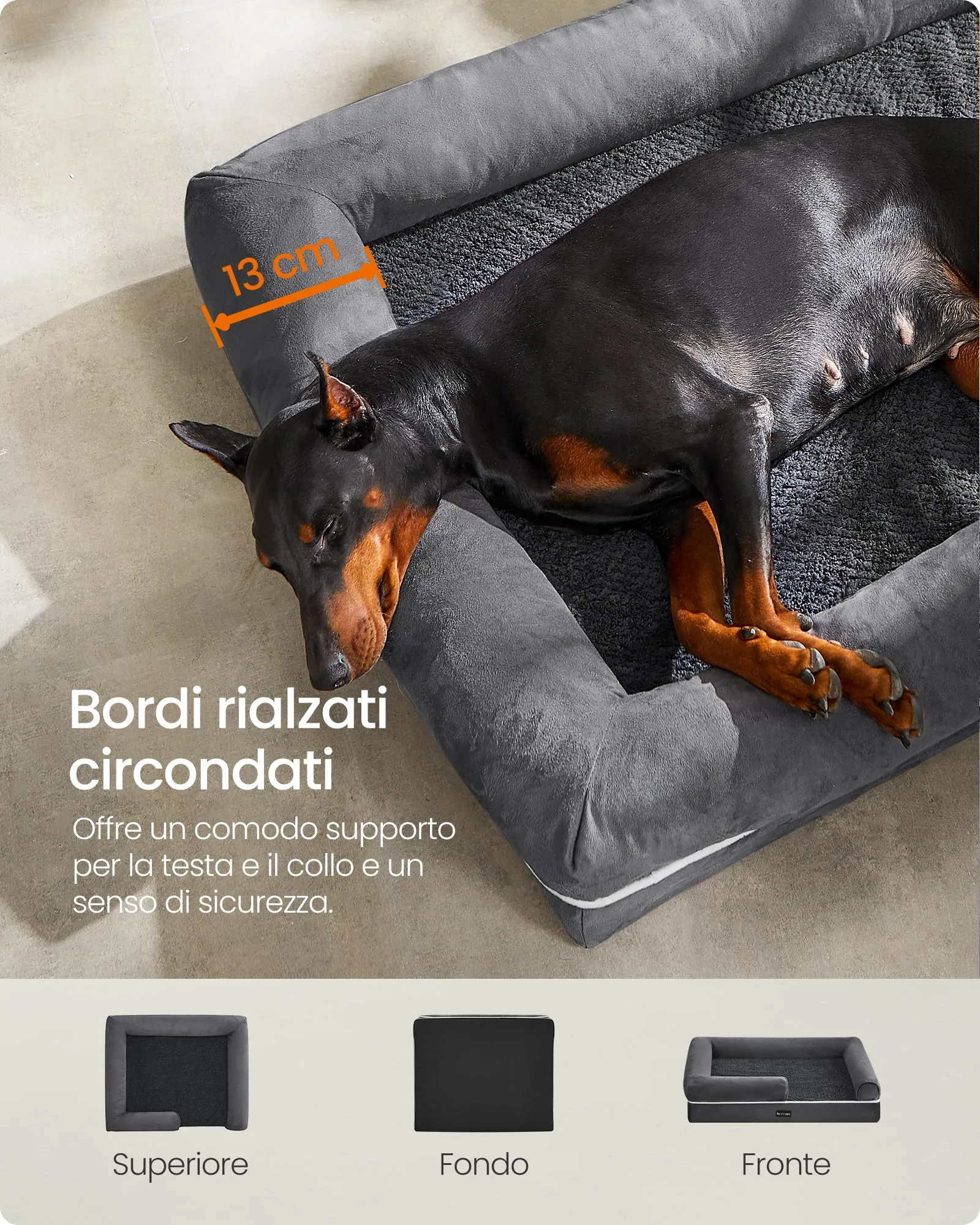 Feandrea Cuccia per Cani Ortopedica, Letto Divano con Bordi Rialzati e Fondo Antiscivolo, 120 x 85 x 18 cm, Grigio Scuro PGW078G01 - immagine 4