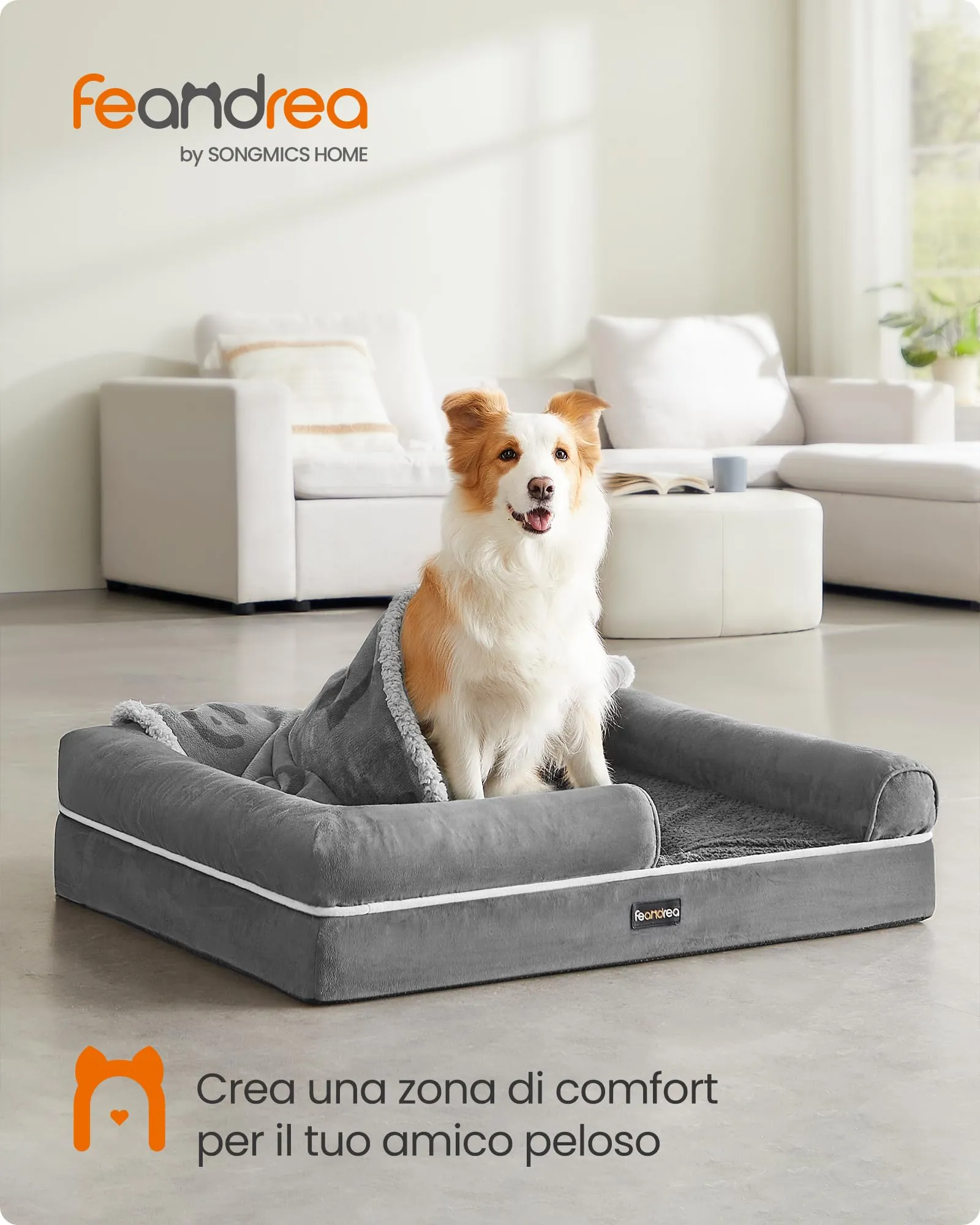 Feandrea Cuccia per Cani Ortopedica, Letto Divano con Bordi Rialzati, 91 x 68 x 18 cm, Grigio Chiaro PGW076G02 - immagine 2