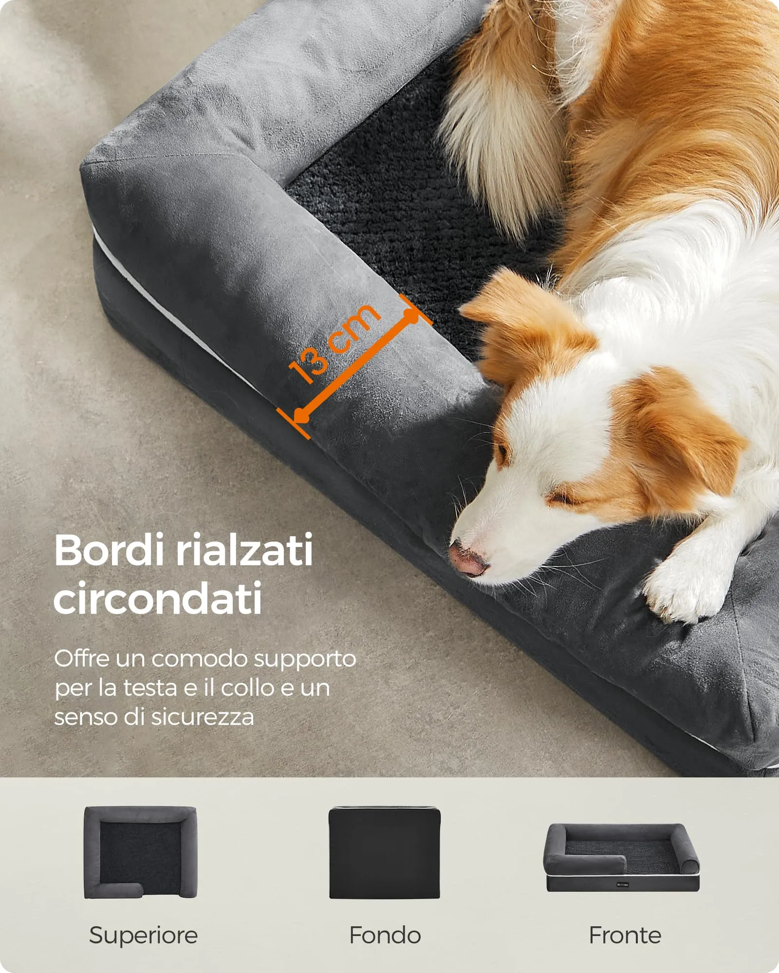 Feandrea Cuccia per Cani Ortopedica, Letto Divano con Bordi Rialzati, 91 x 68 x 18 cm, Grigio Chiaro PGW076G02 - immagine 4