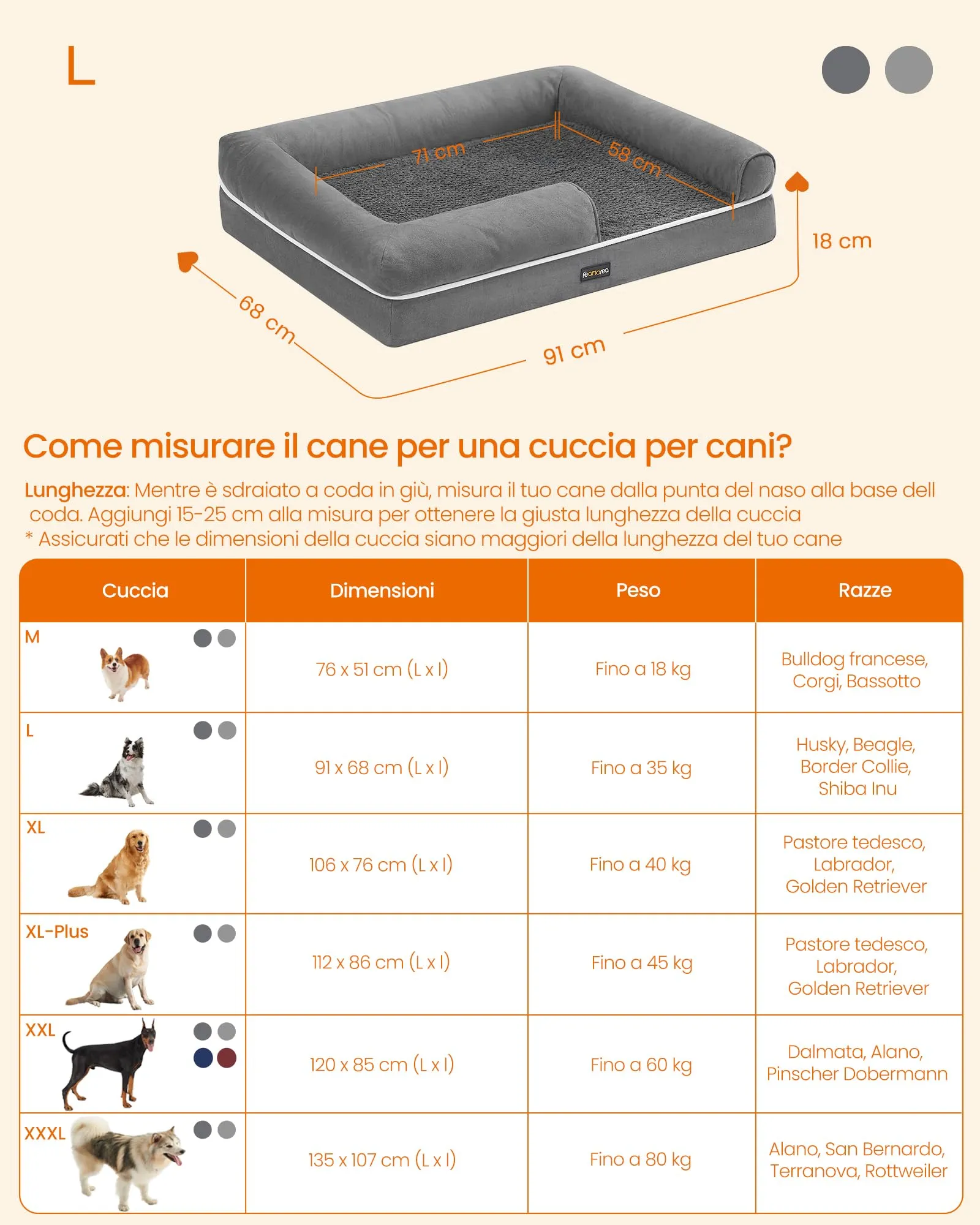Feandrea Cuccia per Cani Ortopedica, Letto Divano con Bordi Rialzati, 91 x 68 x 18 cm, Grigio Chiaro PGW076G02 - immagine 5