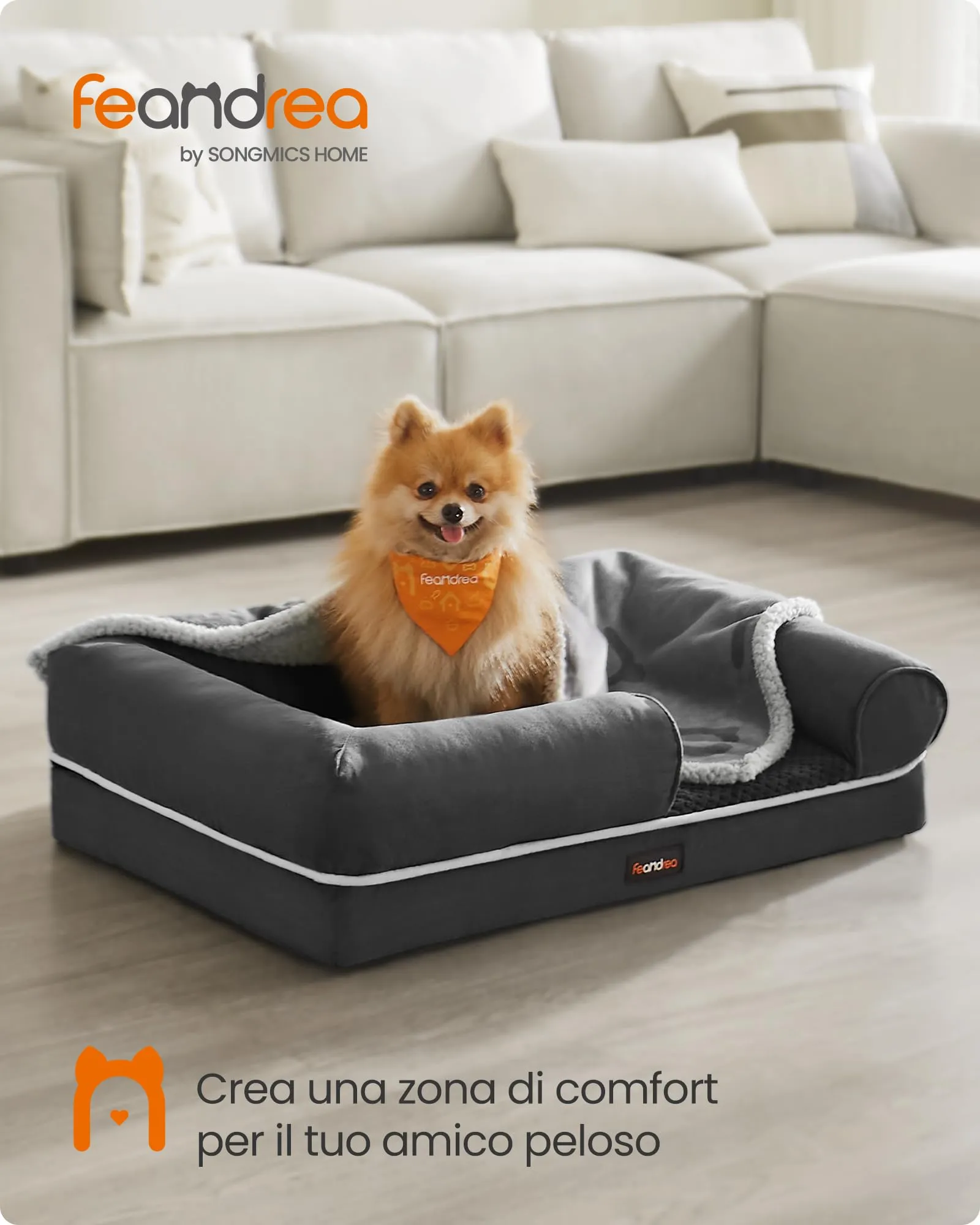 Feandrea Cuccia per Cani Ortopedica, Letto Divano con Bordi Rialzati e Fondo Antiscivolo, 76 x 51 x 18 cm, Grigio Scuro PGW074G01 - immagine 2