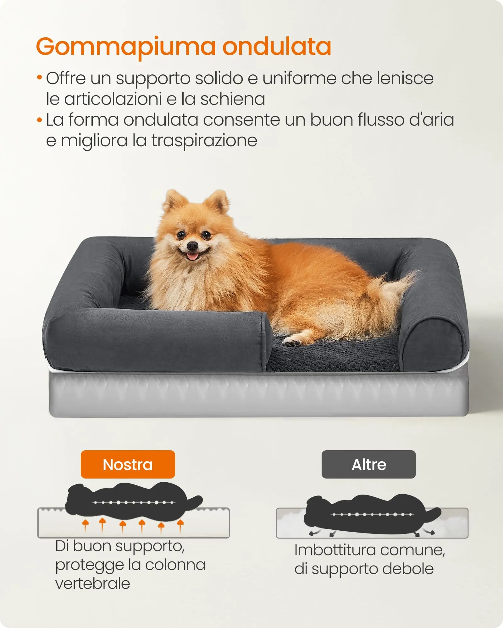 Feandrea Cuccia per Cani Ortopedica, Letto Divano con Bordi Rialzati e Fondo Antiscivolo, 76 x 51 x 18 cm, Grigio Scuro PGW074G01 - immagine 3
