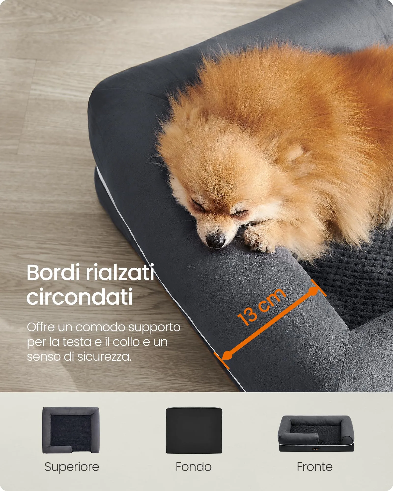 Feandrea Cuccia per Cani Ortopedica, Letto Divano con Bordi Rialzati e Fondo Antiscivolo, 76 x 51 x 18 cm, Grigio Scuro PGW074G01 - immagine 4