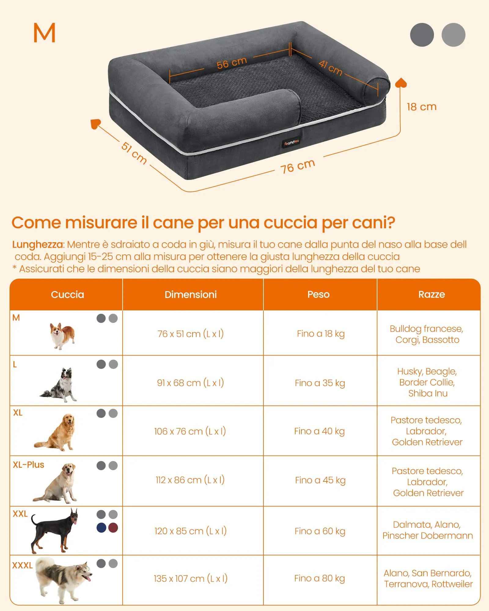 Feandrea Cuccia per Cani Ortopedica, Letto Divano con Bordi Rialzati e Fondo Antiscivolo, 76 x 51 x 18 cm, Grigio Scuro PGW074G01 - immagine 5