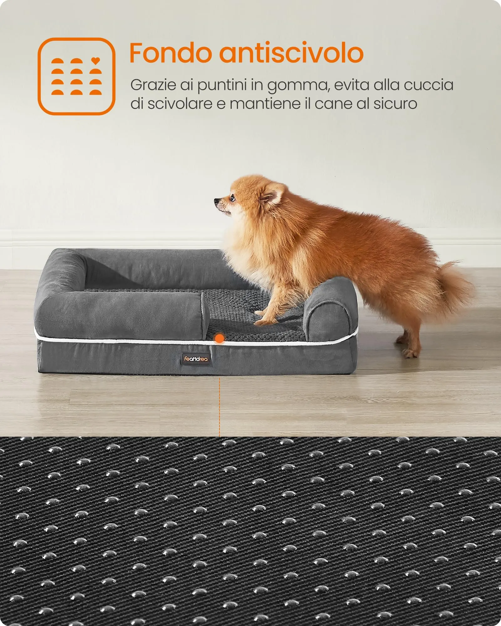 Feandrea Cuccia per Cani Ortopedica, Letto Divano con Bordi Rialzati e Fondo Antiscivolo, 76 x 51 x 18 cm, Grigio Scuro PGW074G01 - immagine 9