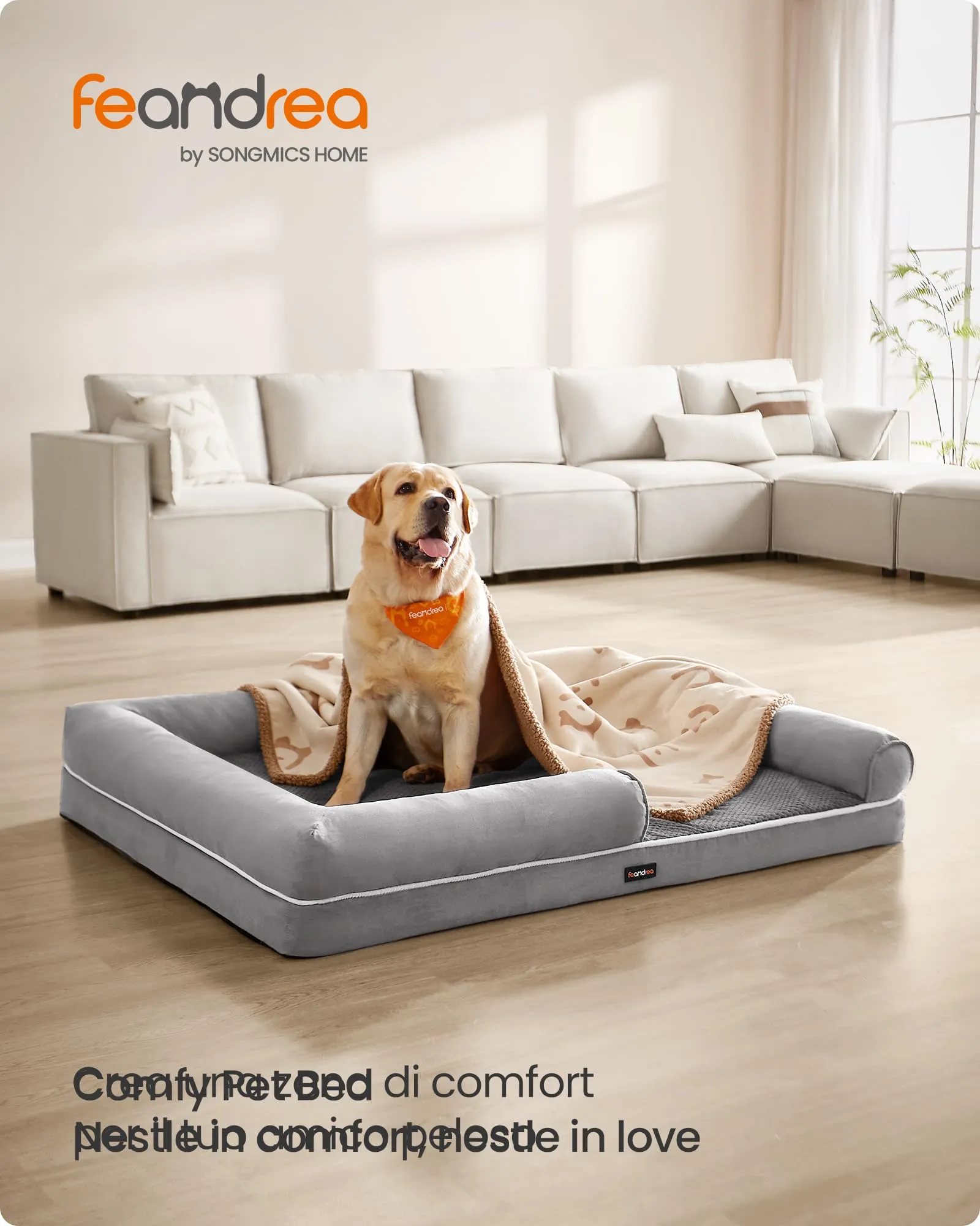 Feandrea Cuccia per Cani Ortopedica, Letto Divano con Bordi Rialzati, Copertura Sfoderabile, 135 x 107 x 23 cm, Grigio Chiaro PGW079G02 - immagine 2