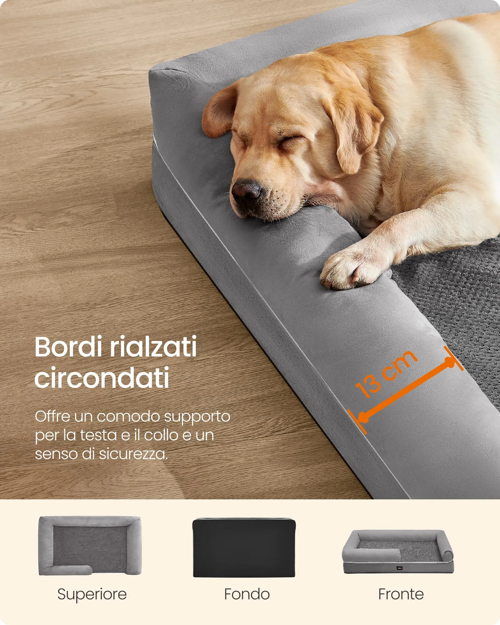 Feandrea Cuccia per Cani Ortopedica, Letto Divano con Bordi Rialzati, Copertura Sfoderabile, 135 x 107 x 23 cm, Grigio Chiaro PGW079G02 - immagine 4