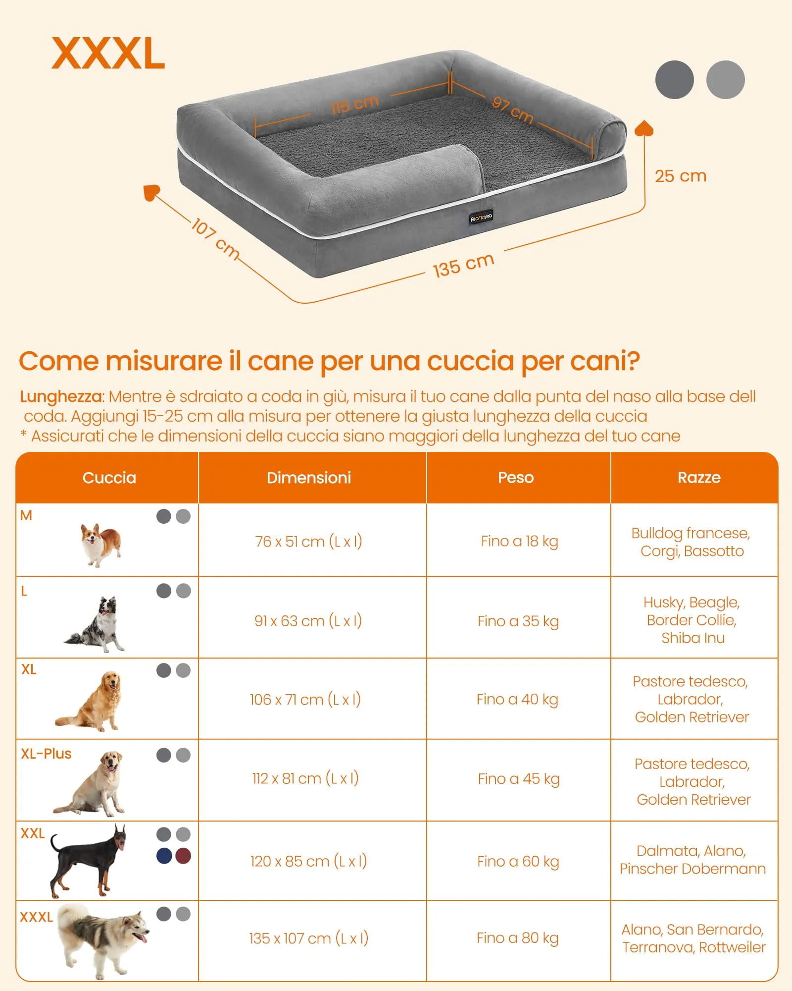 Feandrea Cuccia per Cani Ortopedica, Letto Divano con Bordi Rialzati, Copertura Sfoderabile, 135 x 107 x 23 cm, Grigio Chiaro PGW079G02 - immagine 5