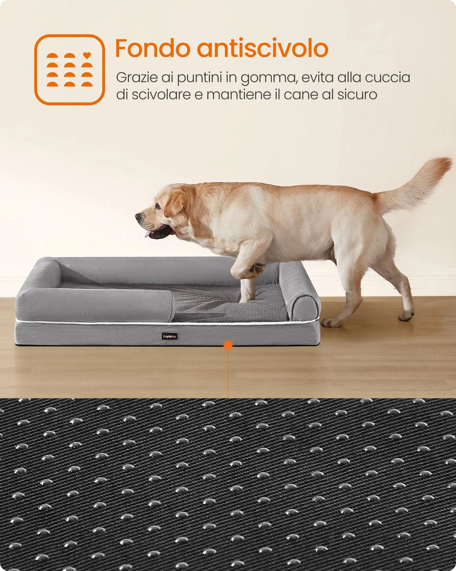 Feandrea Cuccia per Cani Ortopedica, Letto Divano con Bordi Rialzati, Copertura Sfoderabile, 135 x 107 x 23 cm, Grigio Chiaro PGW079G02 - immagine 8