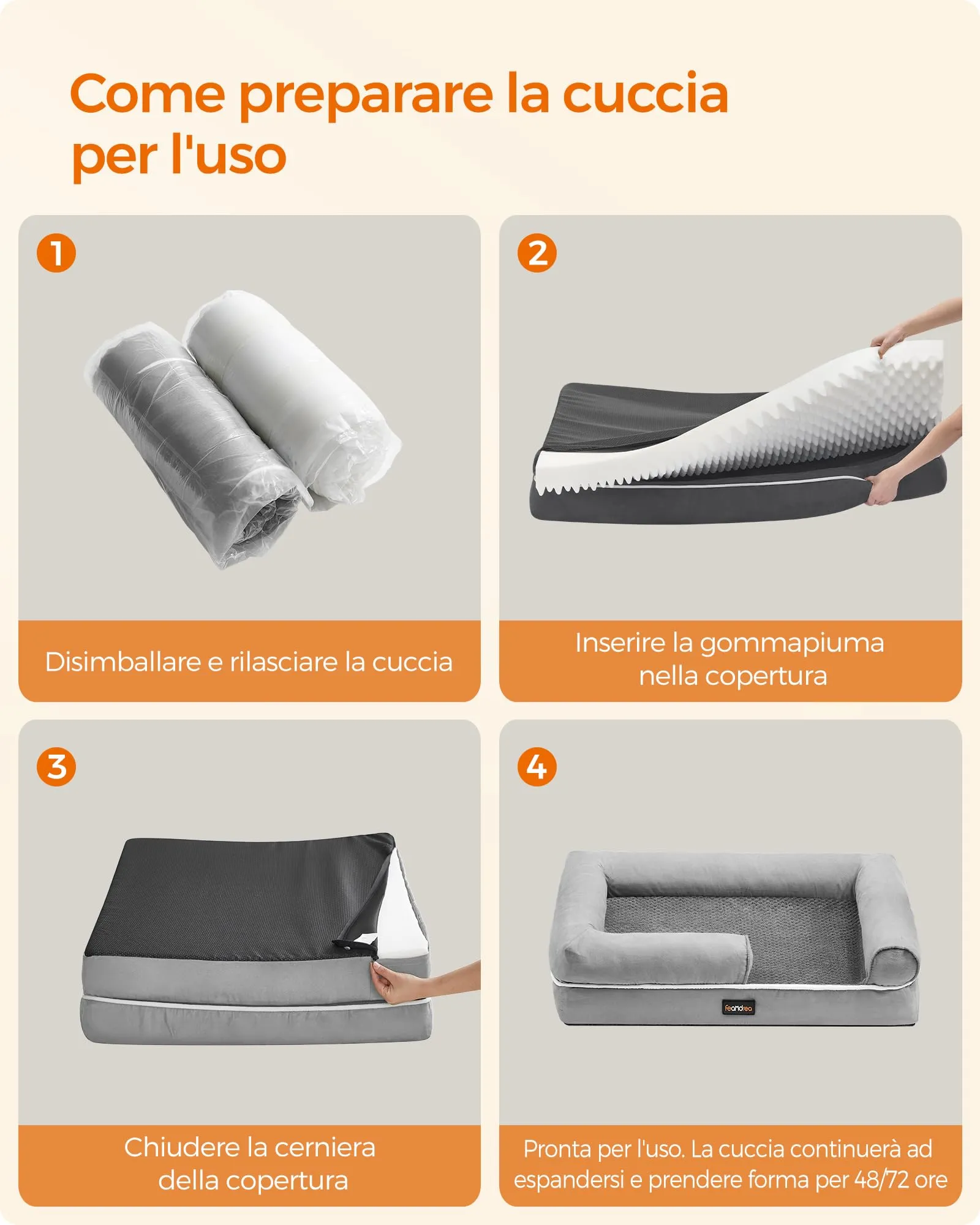 Feandrea Cuccia per Cani Ortopedica, Letto Divano con Bordi Rialzati, Copertura Sfoderabile, 135 x 107 x 23 cm, Grigio Chiaro PGW079G02 - immagine 9