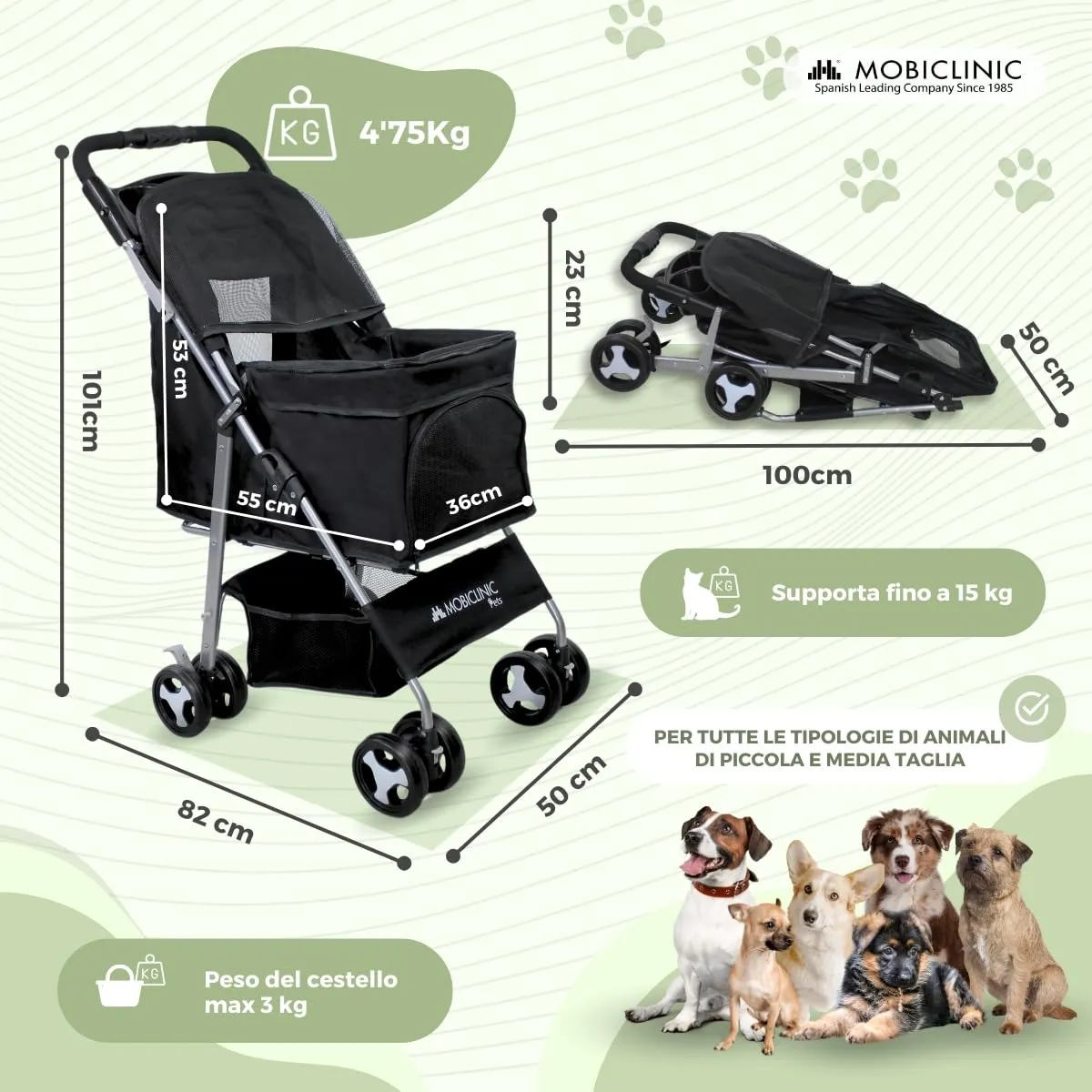 Mobiclinic Zuma Passeggino per cani fino a 15 kg, Nero - immagine 2