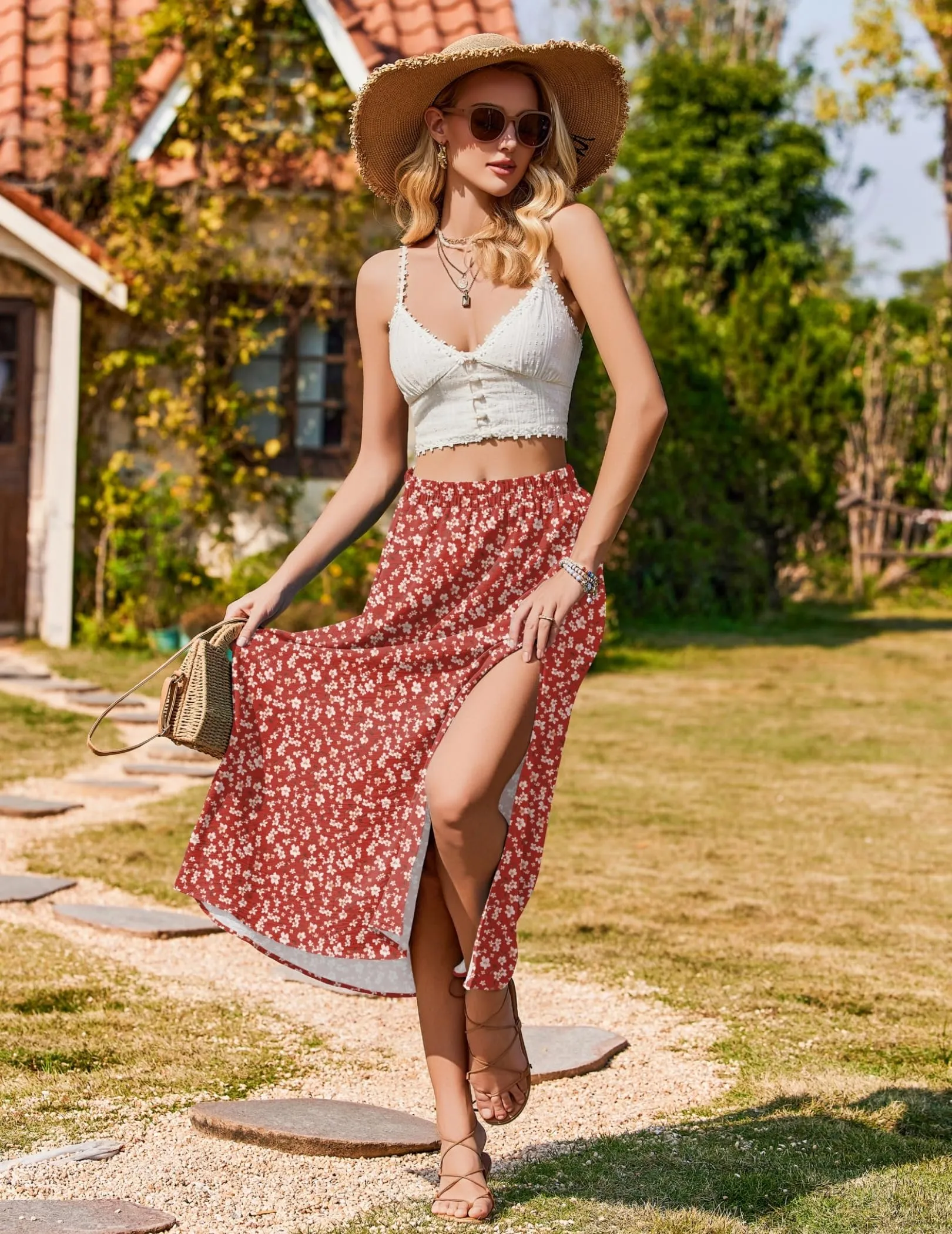Zeagoo Gonna Lunga da Donna a Trapezio Vita Alta Floreale con Spacco, Rosso, XXL - immagine 4
