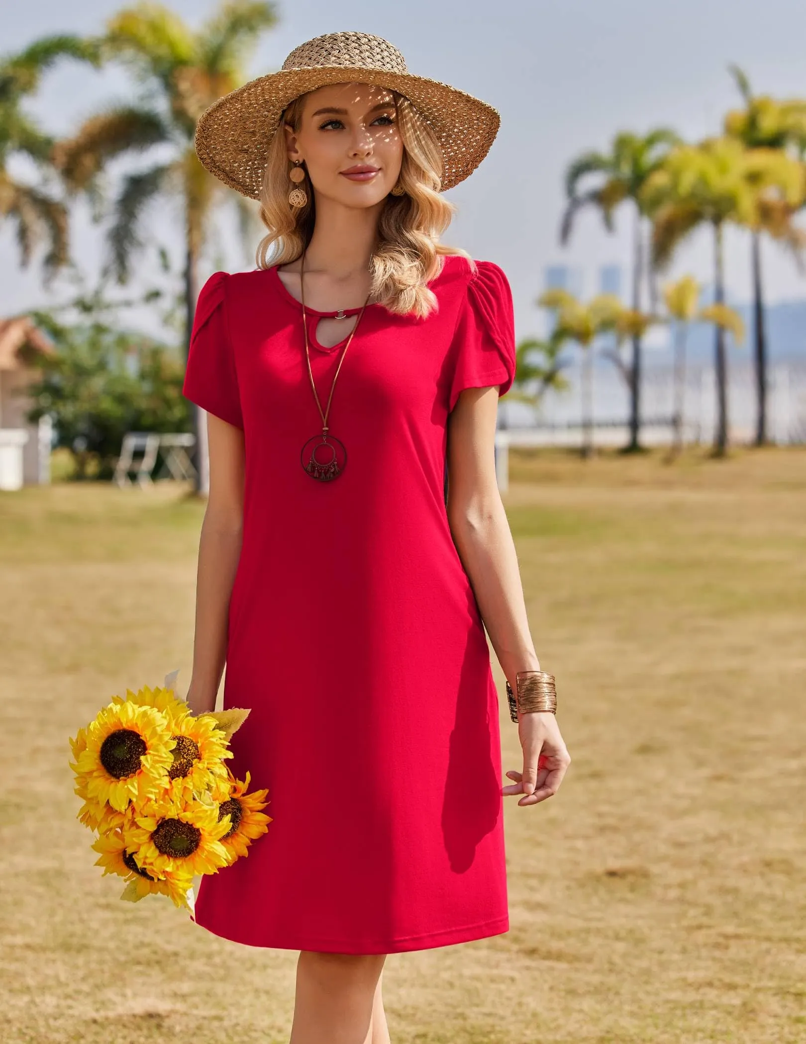 Zeagoo Abito Casual da Donna Floreale a Maniche Corte con Tasche, Rosso, S - immagine 2