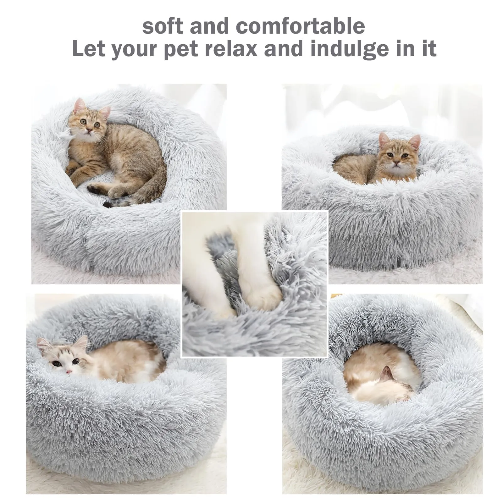 Nepfaivy Cuccia a Ciambella per Gatti e Cani da Interno, Letto Morbido Antistress, M-50cm, Grigio Chiaro - immagine 3