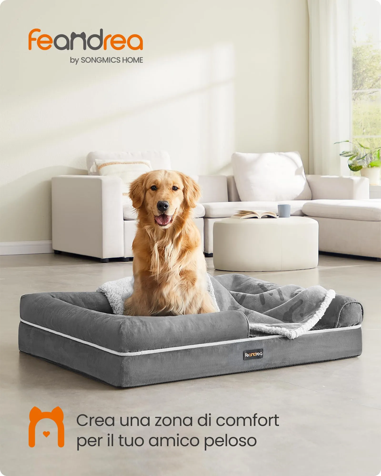 Feandrea Cuccia per Cani Ortopedica, Letto Divano con Bordi Rialzati, Copertura Sfoderabile e Lavabile, 106 x 76 x 18 cm, Grigio Chiaro PGW077G02 - immagine 2