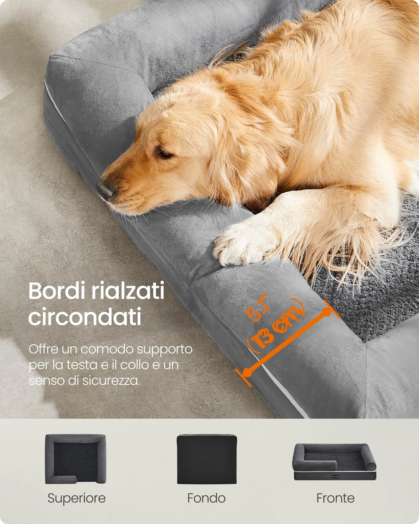Feandrea Cuccia per Cani Ortopedica, Letto Divano con Bordi Rialzati, Copertura Sfoderabile e Lavabile, 106 x 76 x 18 cm, Grigio Chiaro PGW077G02 - immagine 4