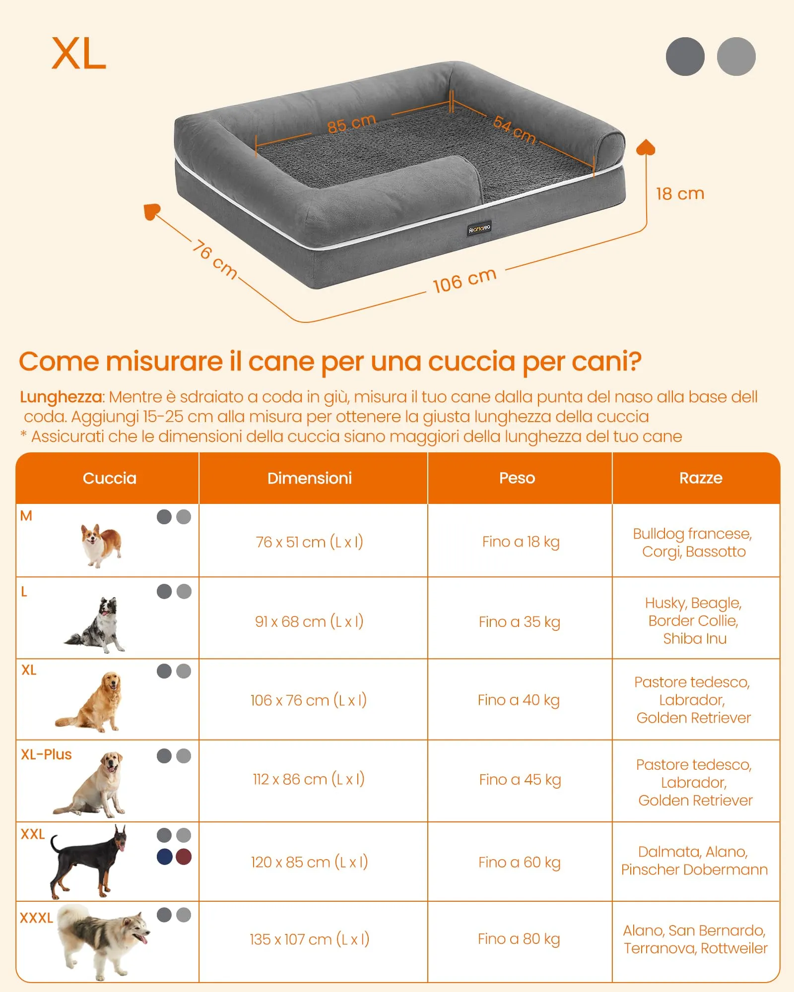 Feandrea Cuccia per Cani Ortopedica, Letto Divano con Bordi Rialzati, Copertura Sfoderabile e Lavabile, 106 x 76 x 18 cm, Grigio Chiaro PGW077G02 - immagine 5