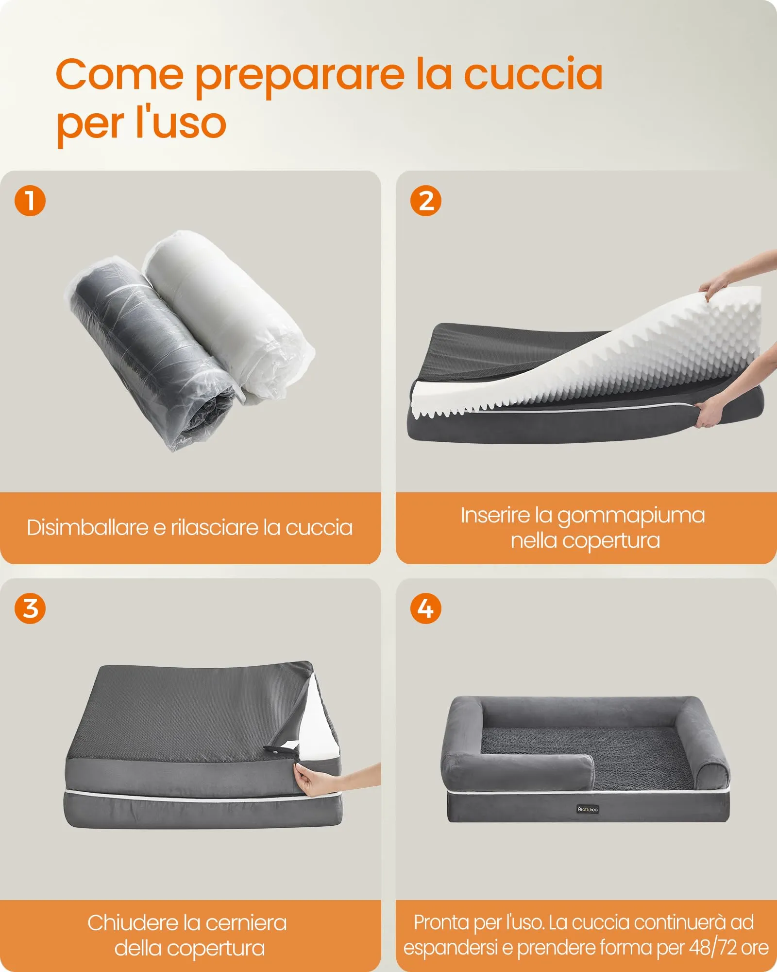 Feandrea Cuccia per Cani Ortopedica, Letto Divano con Bordi Rialzati, Copertura Sfoderabile e Lavabile, 106 x 76 x 18 cm, Grigio Chiaro PGW077G02 - immagine 8