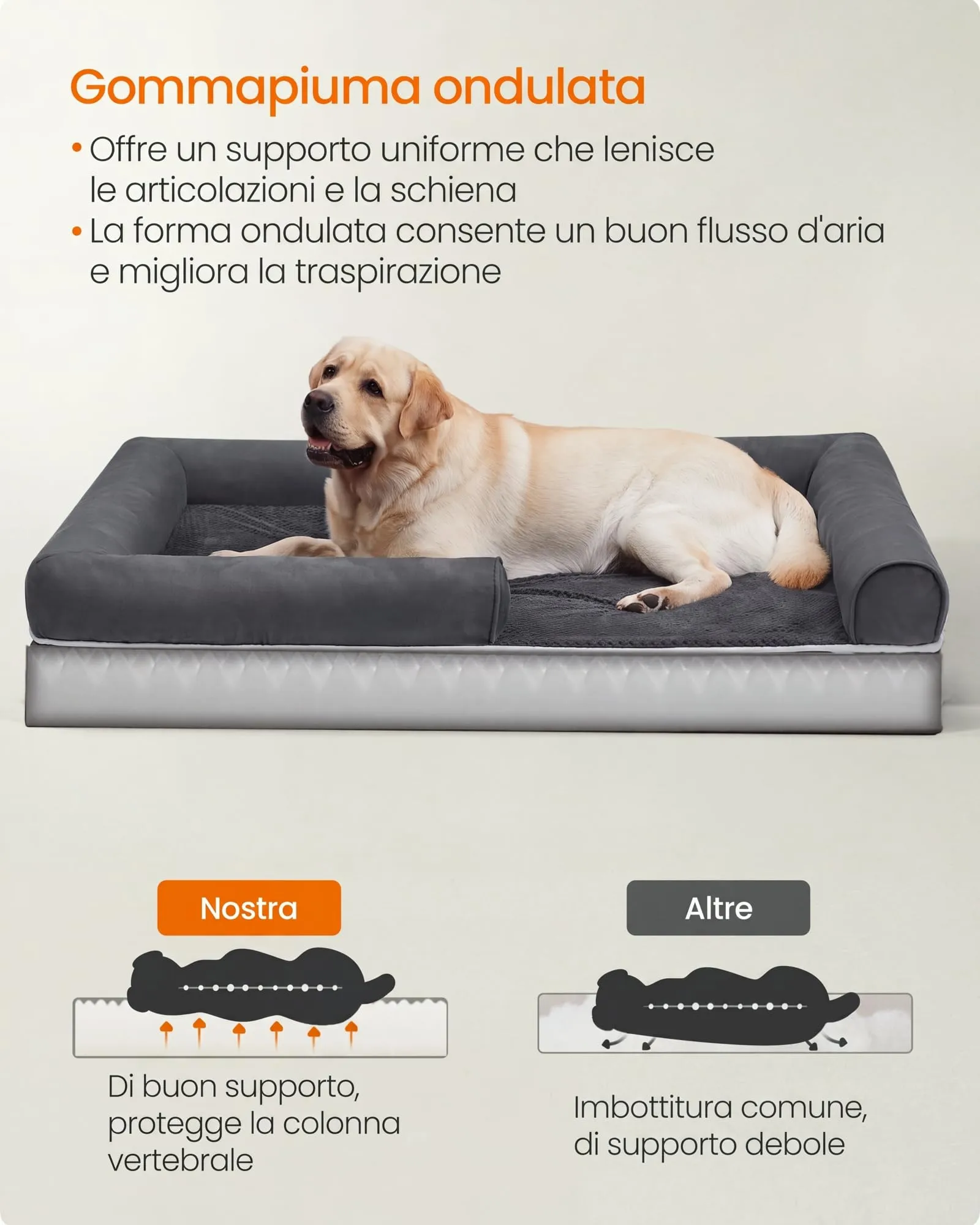 Feandrea Cuccia per Cani Ortopedica, Letto Divano con Bordi Rialzati, Copertura Sfoderabile e Lavabile, 135 x 107 x 23 cm, Grigio Scuro PGW079G01 - immagine 3