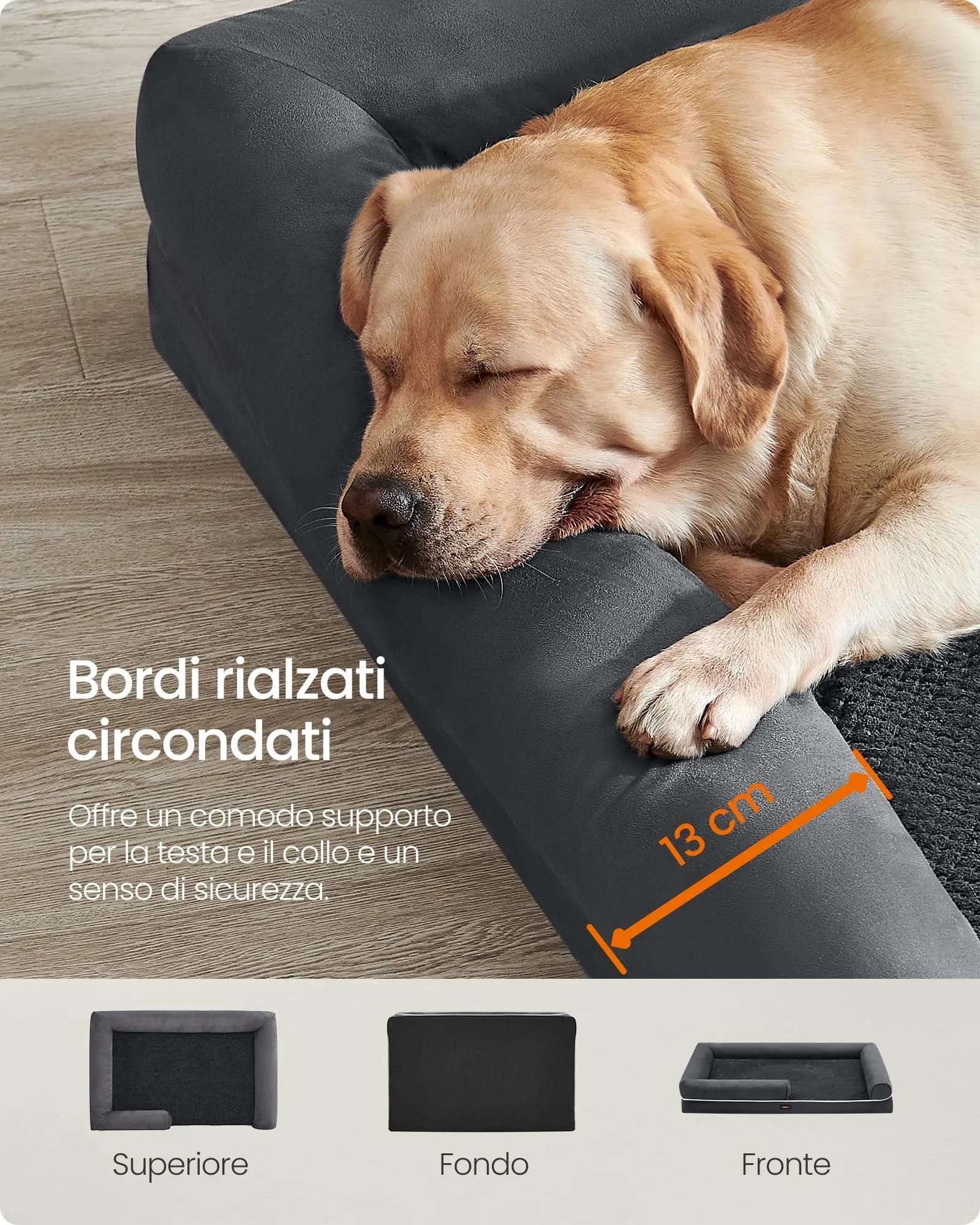 Feandrea Cuccia per Cani Ortopedica, Letto Divano con Bordi Rialzati, Copertura Sfoderabile e Lavabile, 135 x 107 x 23 cm, Grigio Scuro PGW079G01 - immagine 4