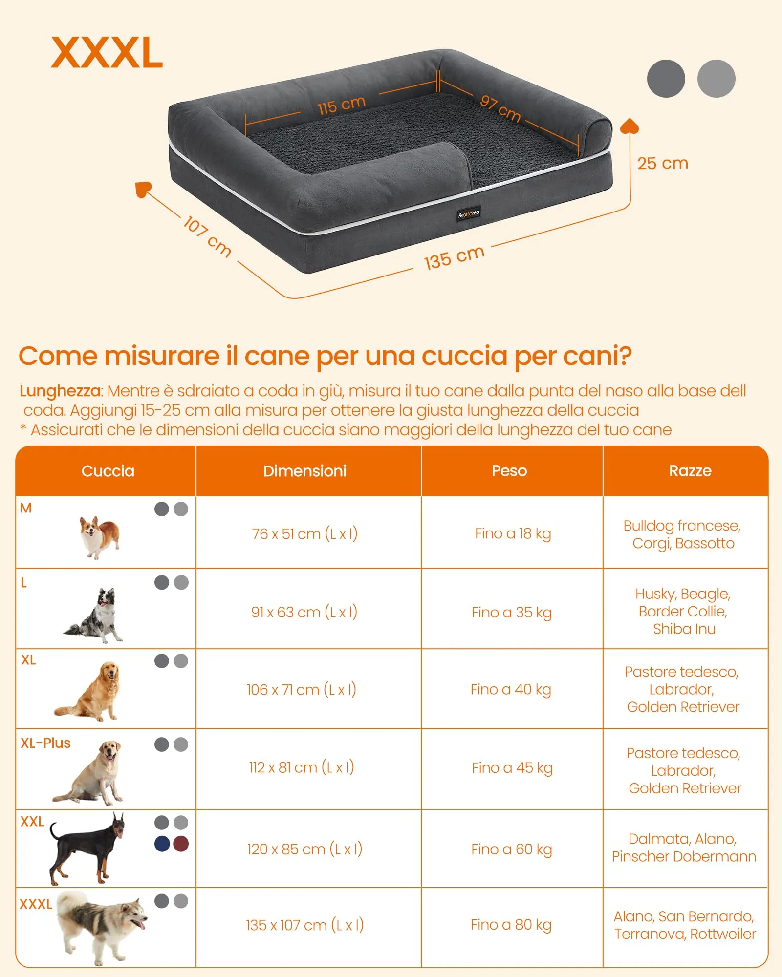 Feandrea Cuccia per Cani Ortopedica, Letto Divano con Bordi Rialzati, Copertura Sfoderabile e Lavabile, 135 x 107 x 23 cm, Grigio Scuro PGW079G01 - immagine 5