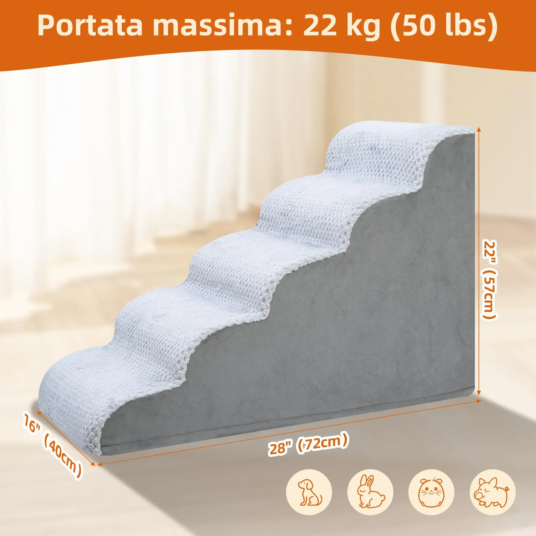KSIIA Scaletta per Cani 5 Gradini Antiscivolo per Divano e Letto, Grigio - immagine 3