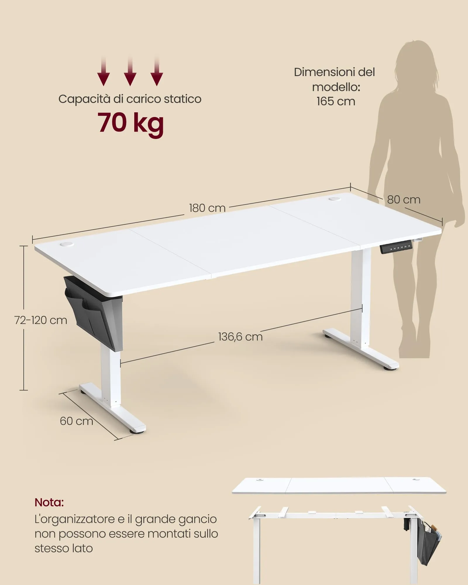 SONGMICS Scrivania Regolabile in Altezza Elettrica, 180 x 80 cm, Memoria 4 Altezze, Porta USB-C, Bianco Nuvola LSD138W01 - immagine 3