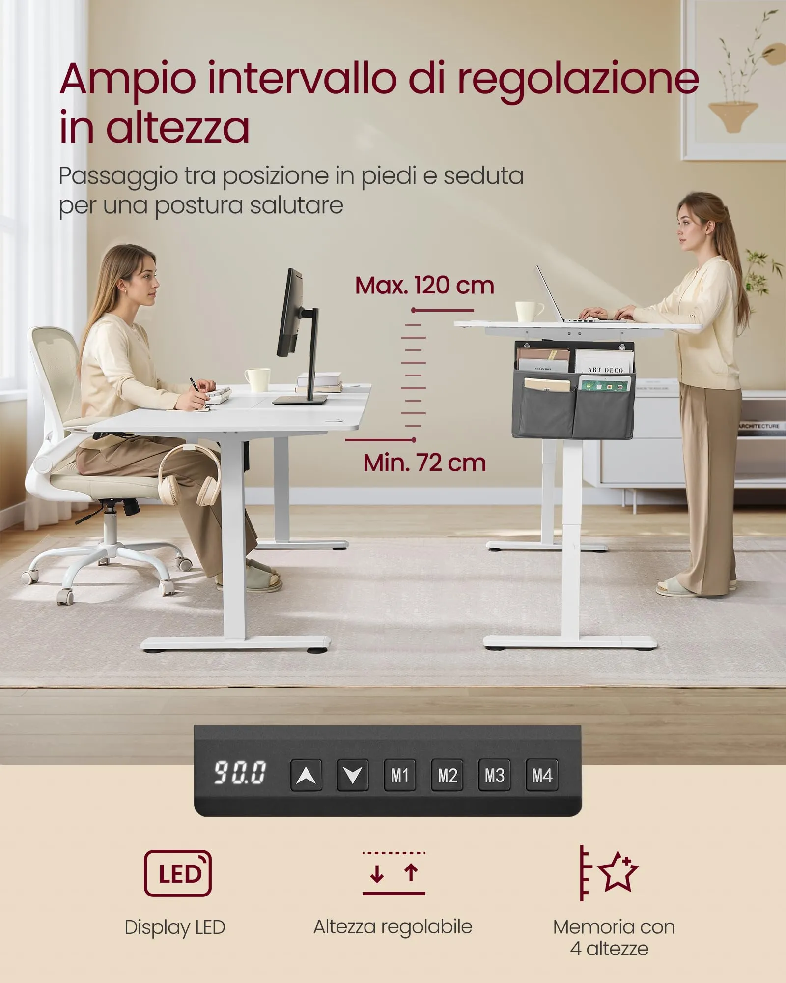 SONGMICS Scrivania Regolabile in Altezza Elettrica, 180 x 80 cm, Memoria 4 Altezze, Porta USB-C, Bianco Nuvola LSD138W01 - immagine 5