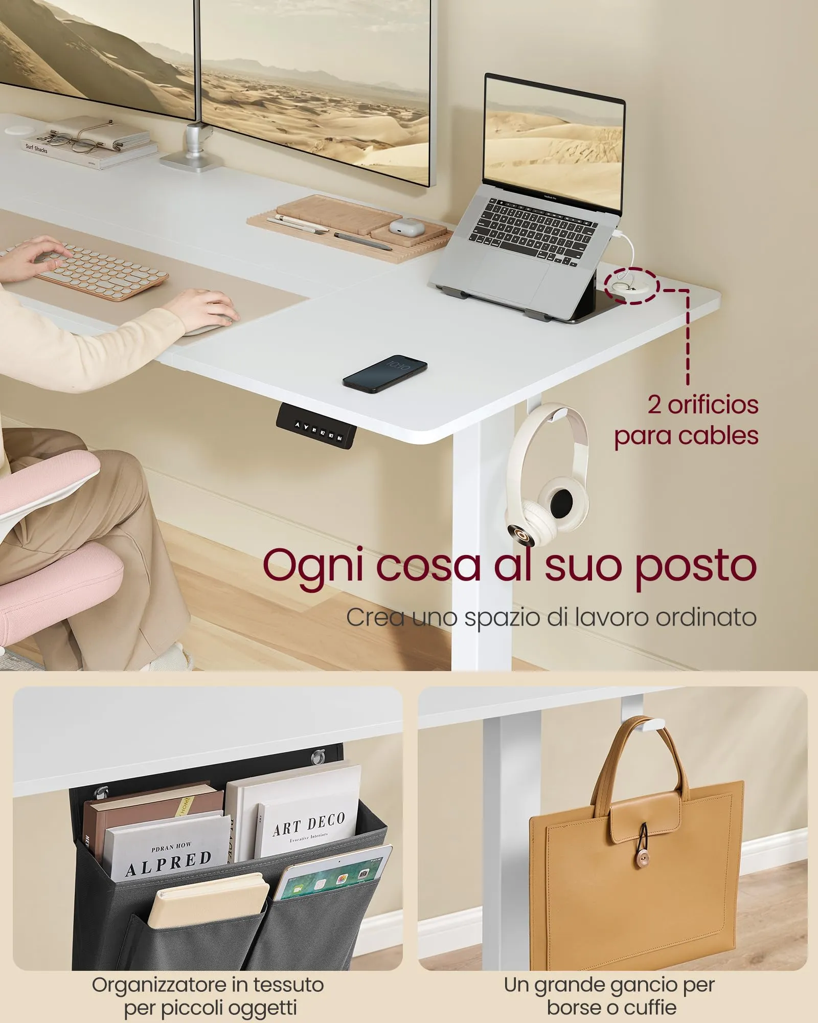 SONGMICS Scrivania Regolabile in Altezza Elettrica, 180 x 80 cm, Memoria 4 Altezze, Porta USB-C, Bianco Nuvola LSD138W01 - immagine 6