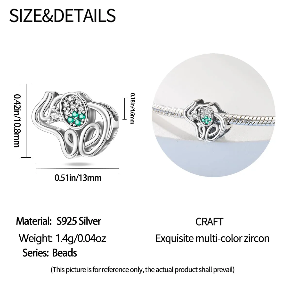 KUNSIR Bead Charm Ciondolo Argento Sterling 925 con Cubic Zirconia per Pandora Braccialetti e Collane Europee - immagine 5