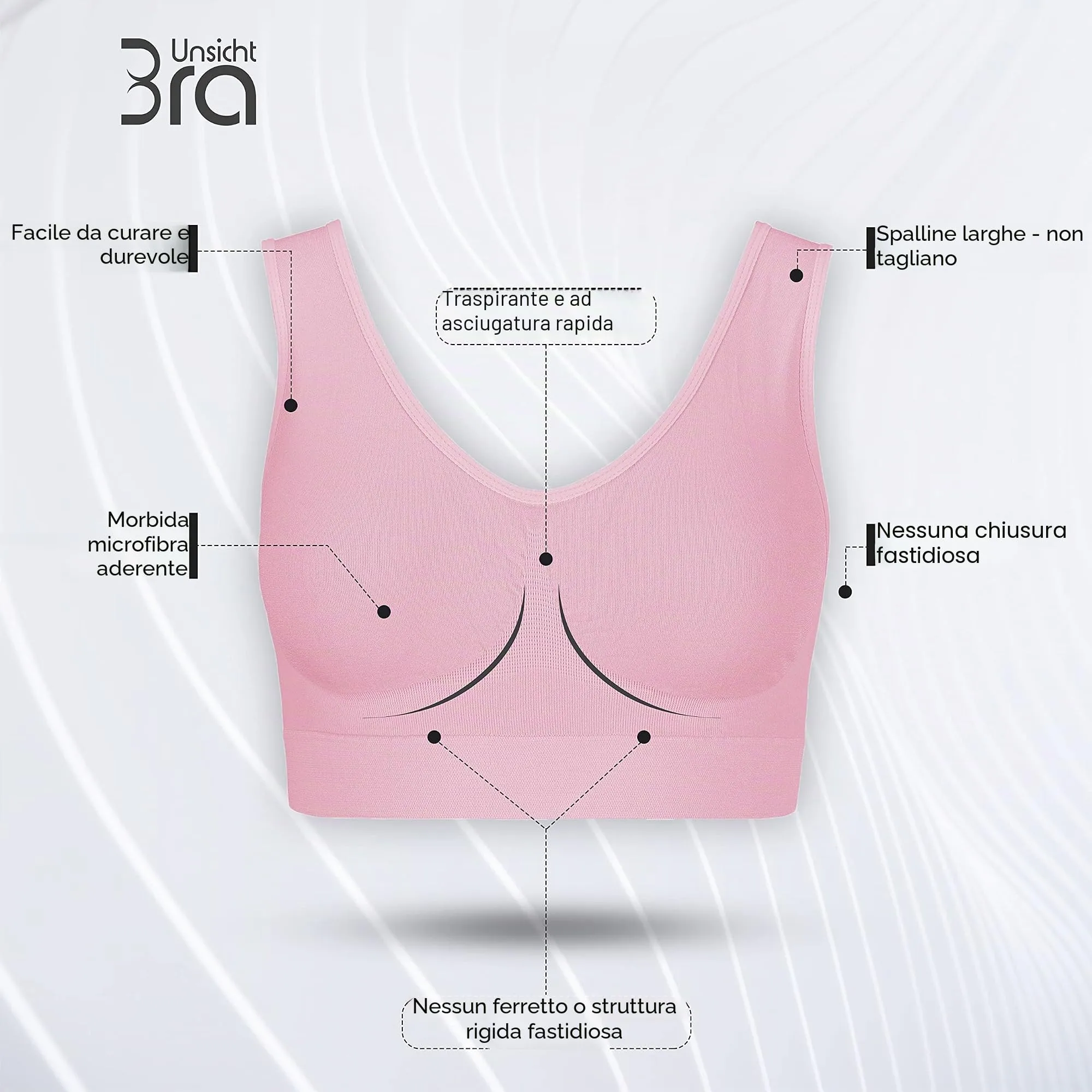 UnsichtBra Set di 3 Reggiseni Senza Ferretto e Senza Cuciture, Nero, Bianco, Beige - immagine 2
