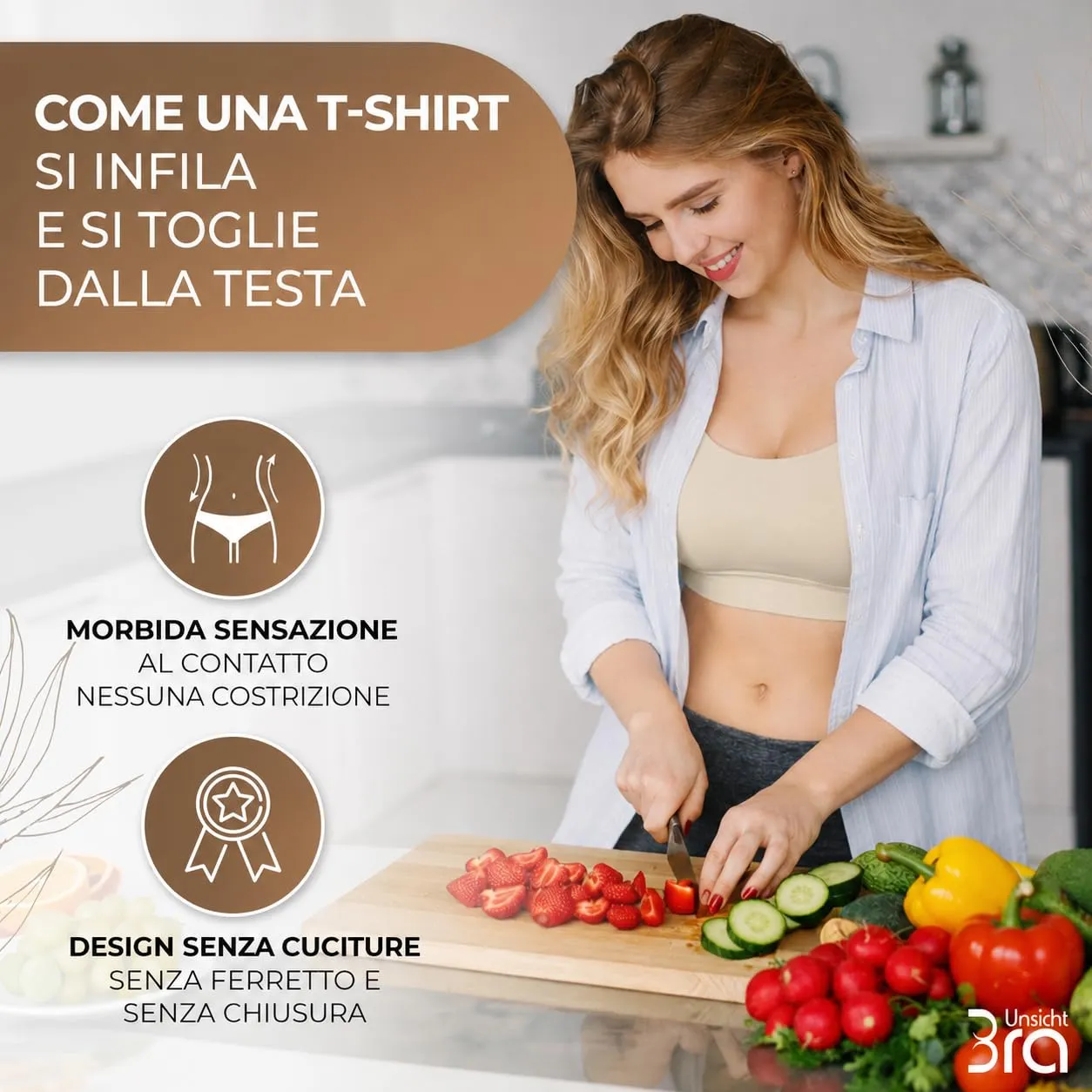 UnsichtBra Set di 3 Reggiseni Senza Ferretto e Senza Cuciture, Nero, Bianco, Beige - immagine 4
