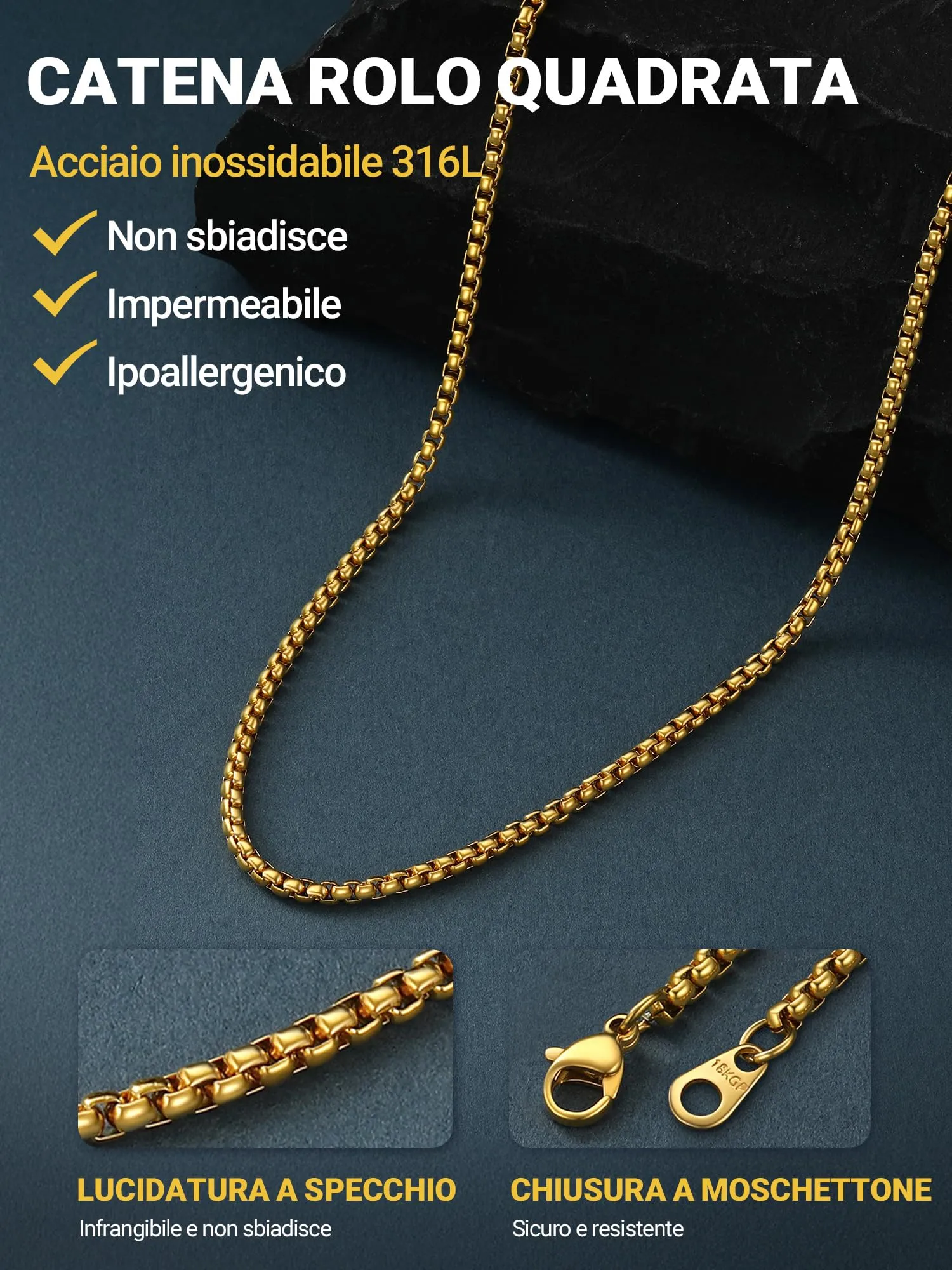PROSTEEL Collana a Maglia Veneziana in Acciaio Inox Chirurgico, 3mm, 46-76cm - immagine 3