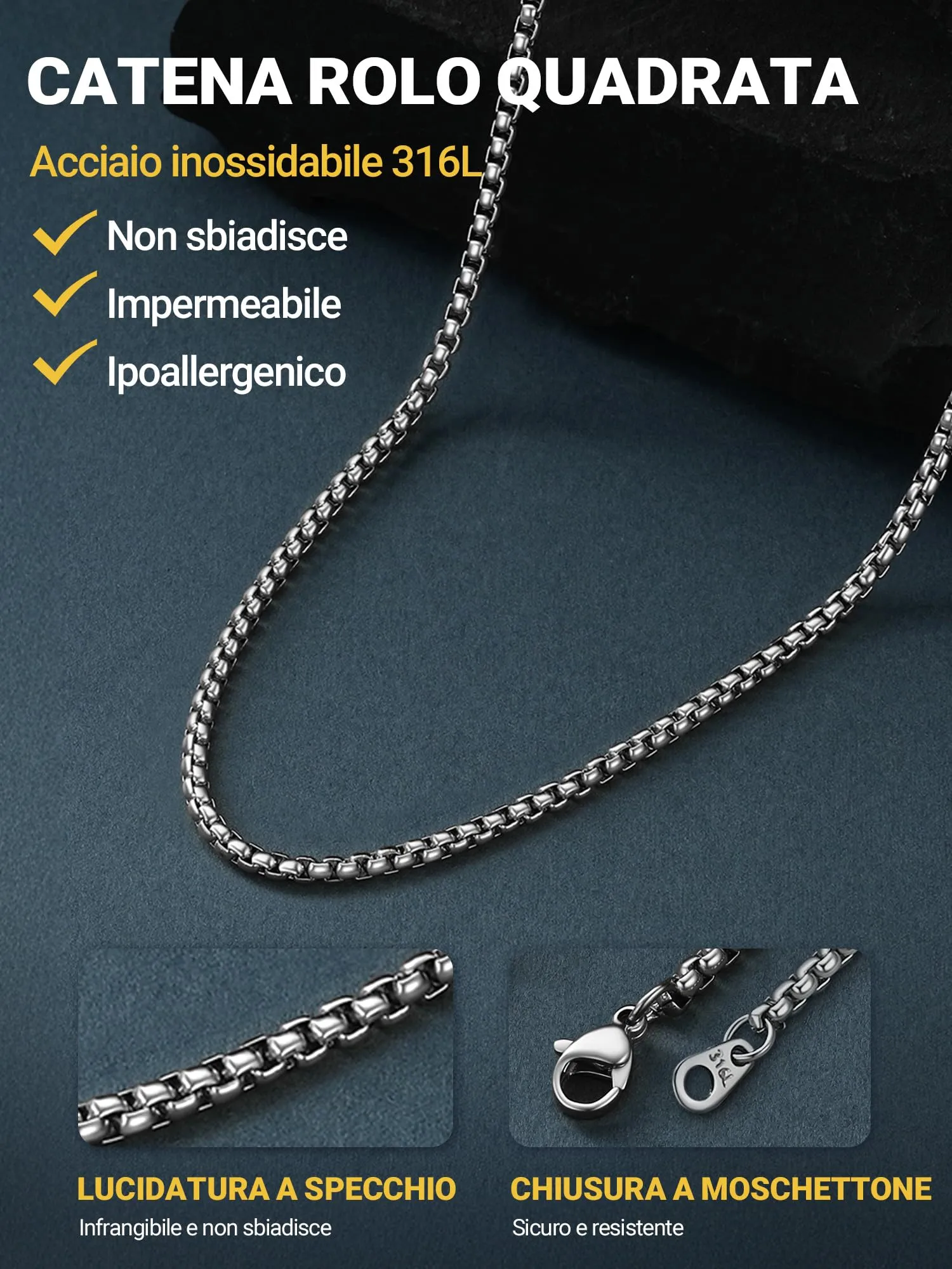 PROSTEEL Collana a Maglia Veneziana in Acciaio Inox Chirurgico, 3mm, 71cm, Argento - immagine 5