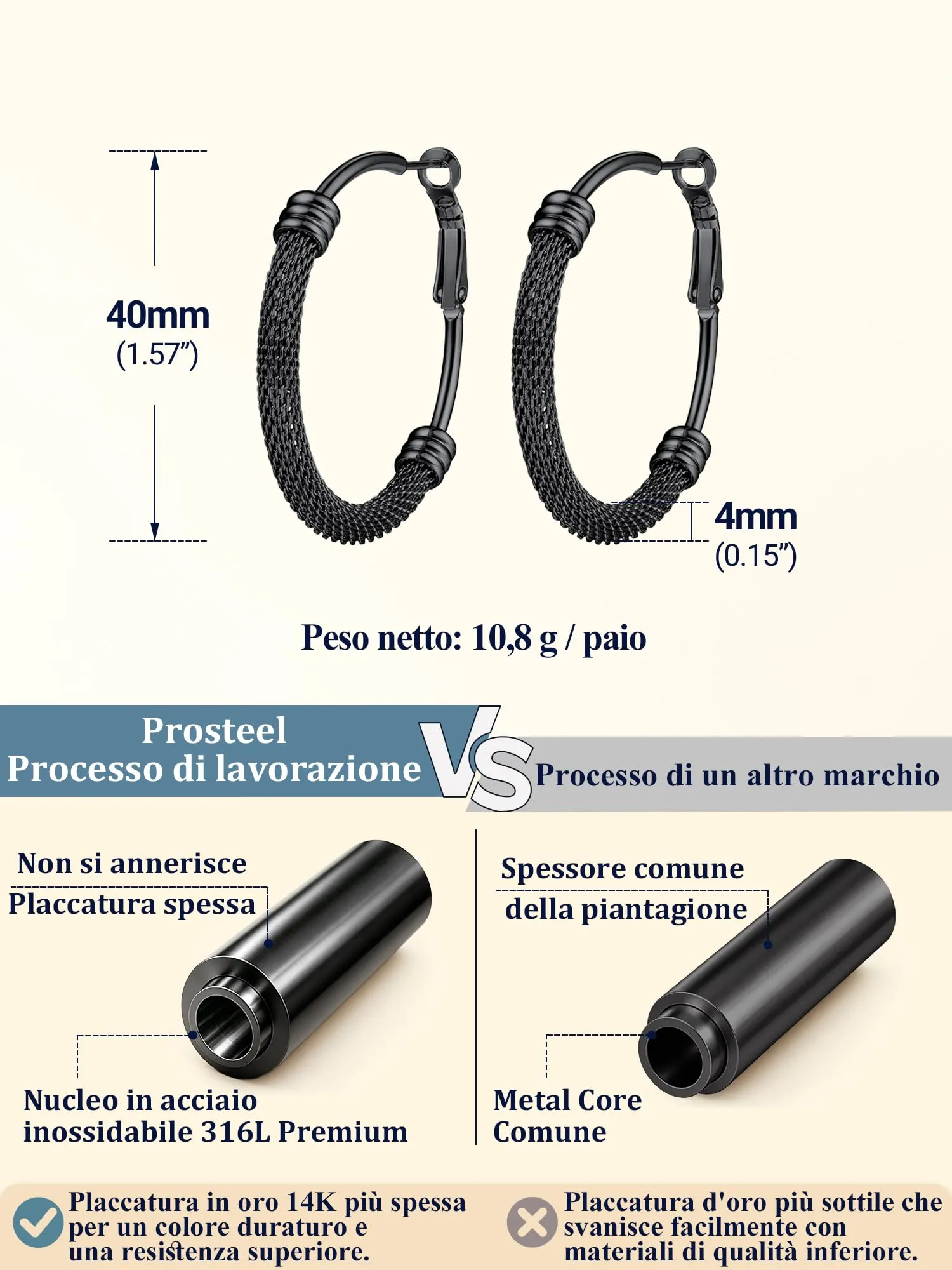 PROSTEEL Orecchini a Cerchio in Acciaio Inossidabile, Nero, 40mm - immagine 5