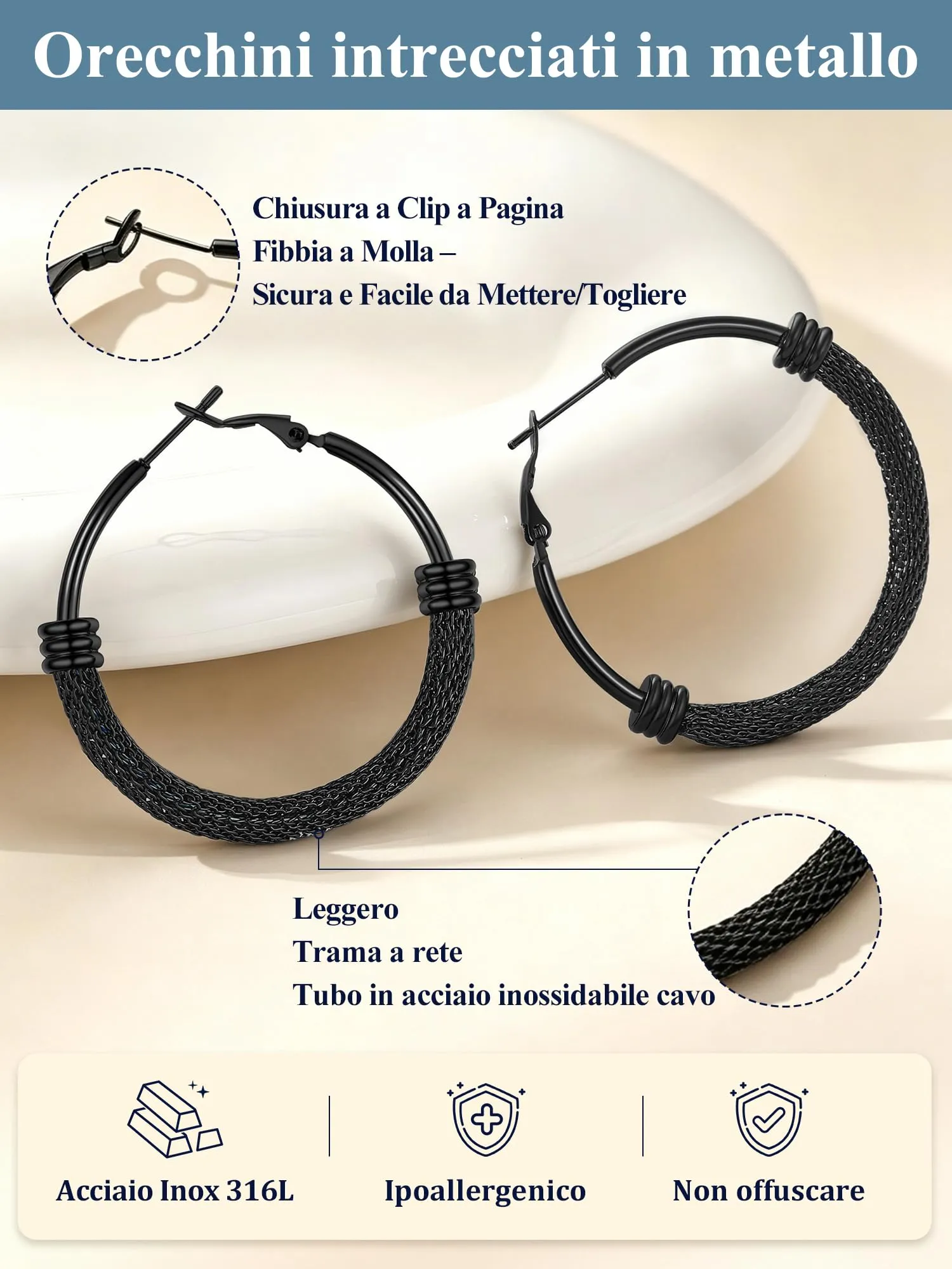 PROSTEEL Orecchini a Cerchio in Acciaio Inossidabile, Nero, 40mm - immagine 7