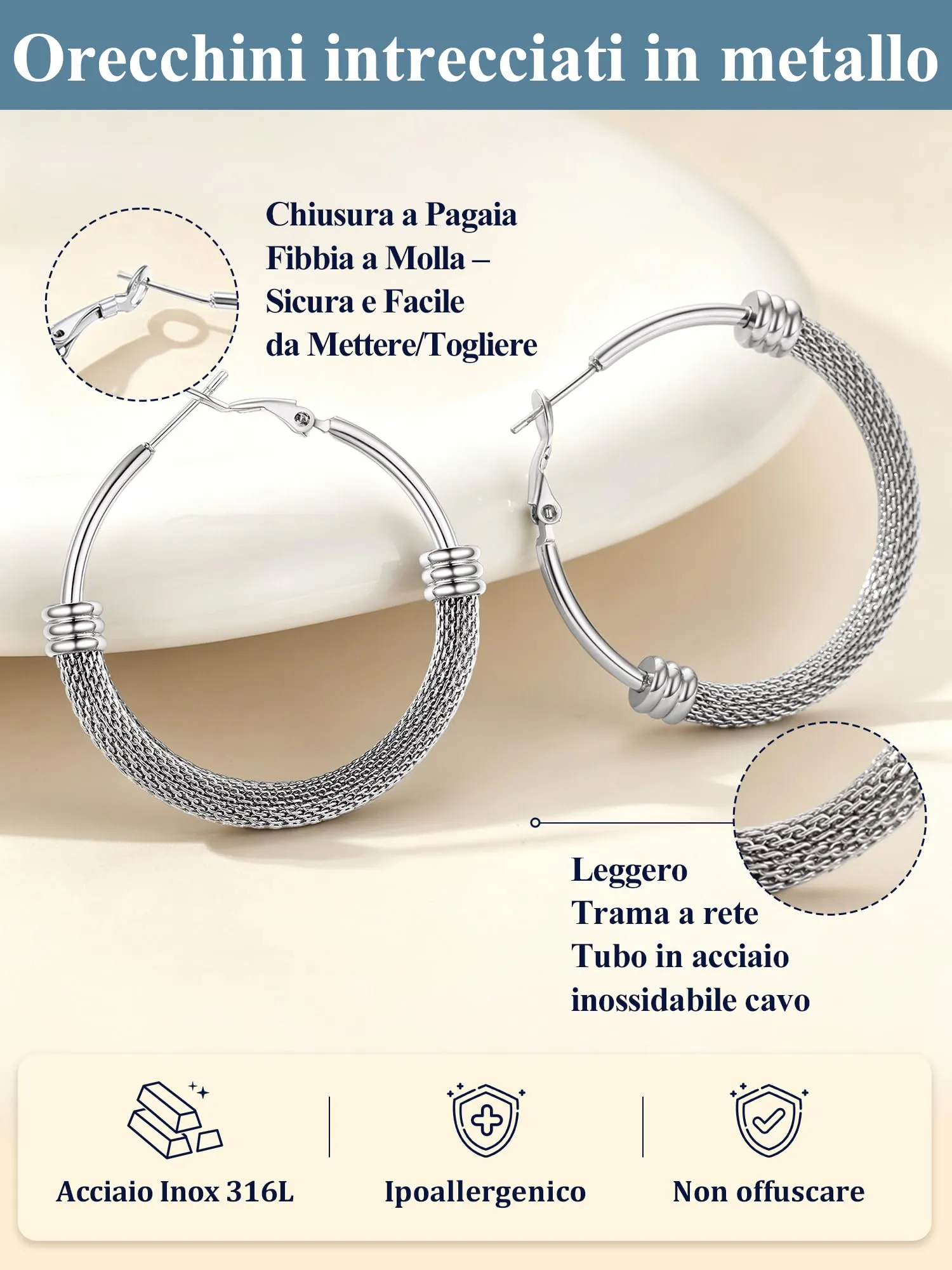 PROSTEEL Orecchini Cerchio a Maglia Metallica in Acciaio Inossidabile 316L, Argento, 40mm, PSE3140G - immagine 3