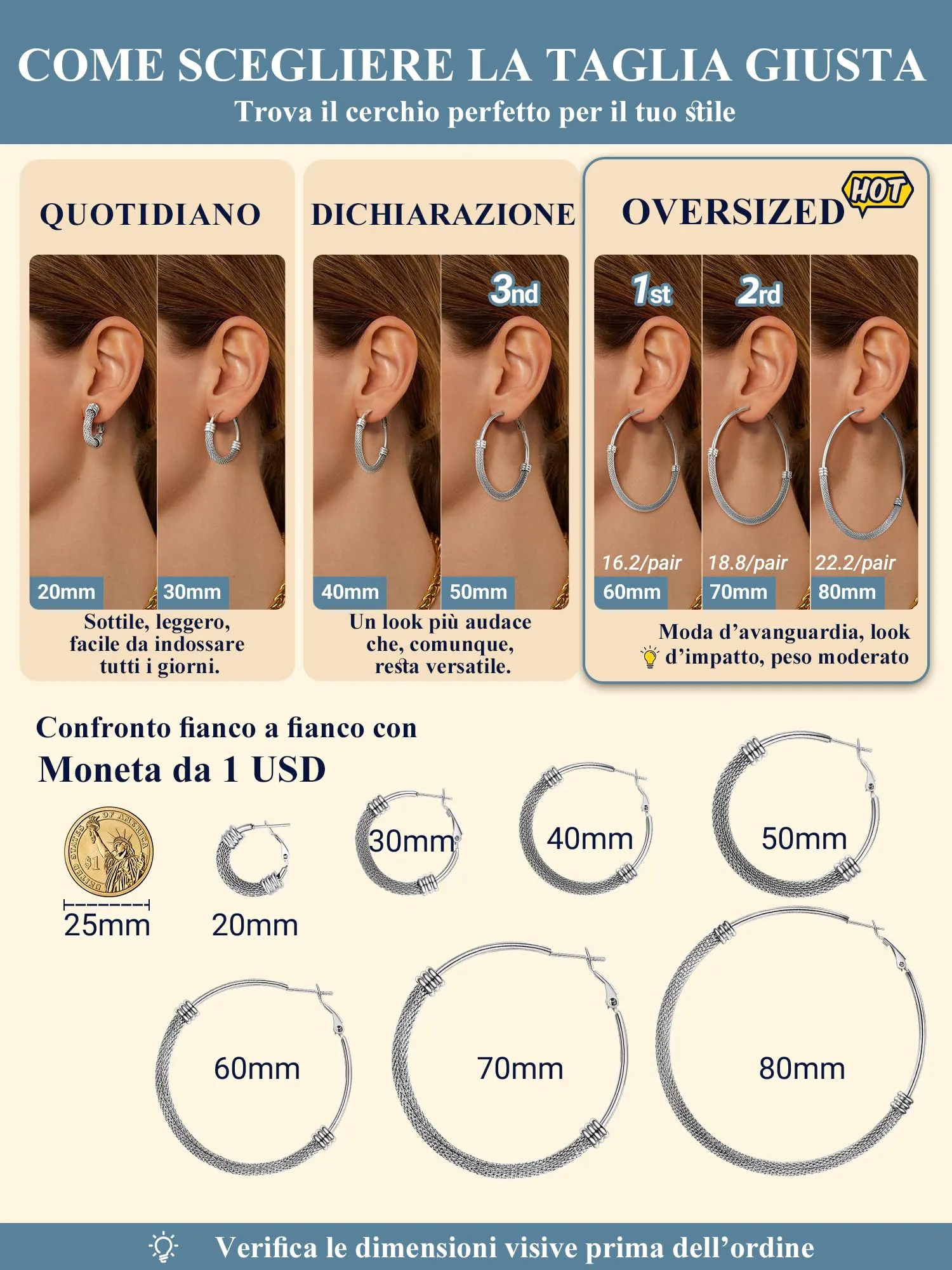 PROSTEEL Orecchini Cerchio a Maglia Metallica in Acciaio Inossidabile 316L, Argento, 40mm, PSE3140G - immagine 5