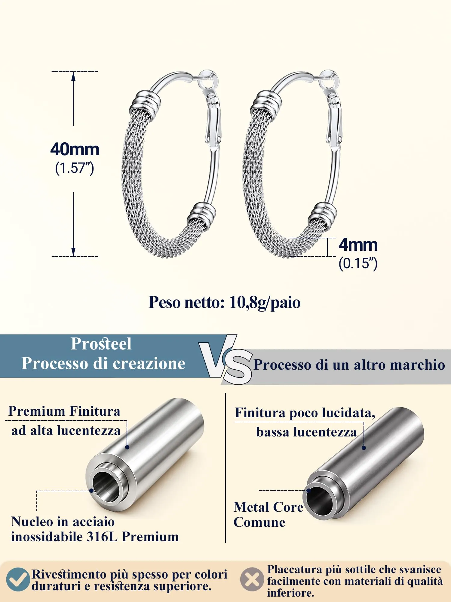 PROSTEEL Orecchini Cerchio a Maglia Metallica in Acciaio Inossidabile 316L, Argento, 40mm, PSE3140G - immagine 6