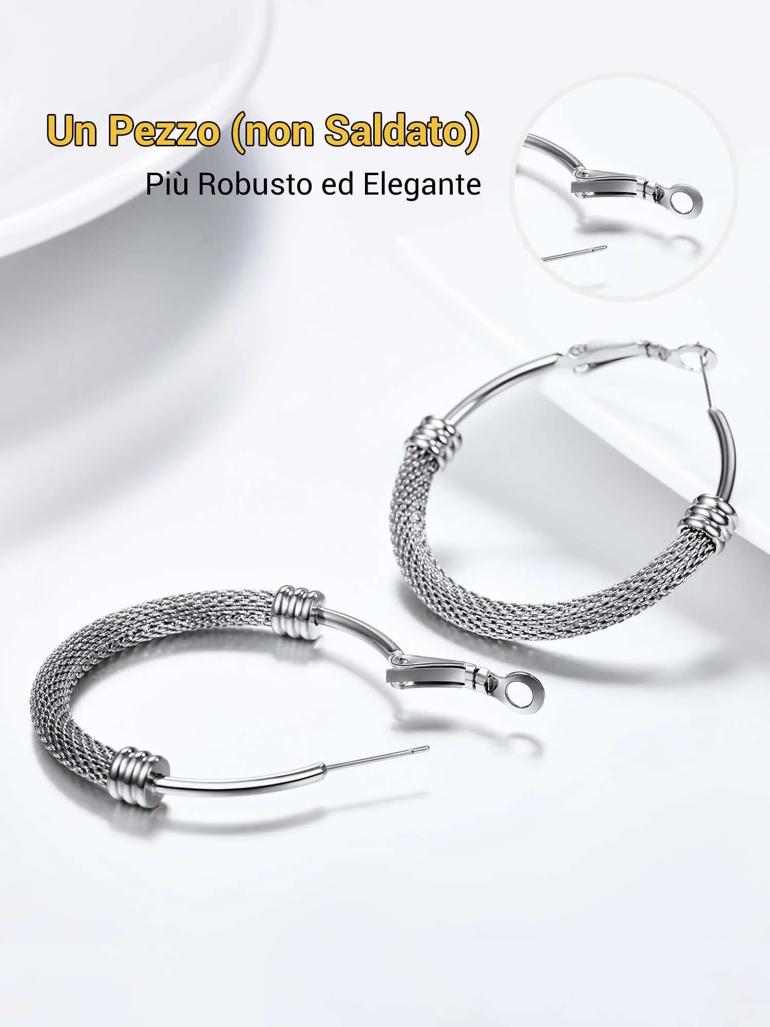 PROSTEEL Orecchini Cerchio a Maglia Metallica in Acciaio Inossidabile 316L, Argento, 40mm, PSE3140G - immagine 8